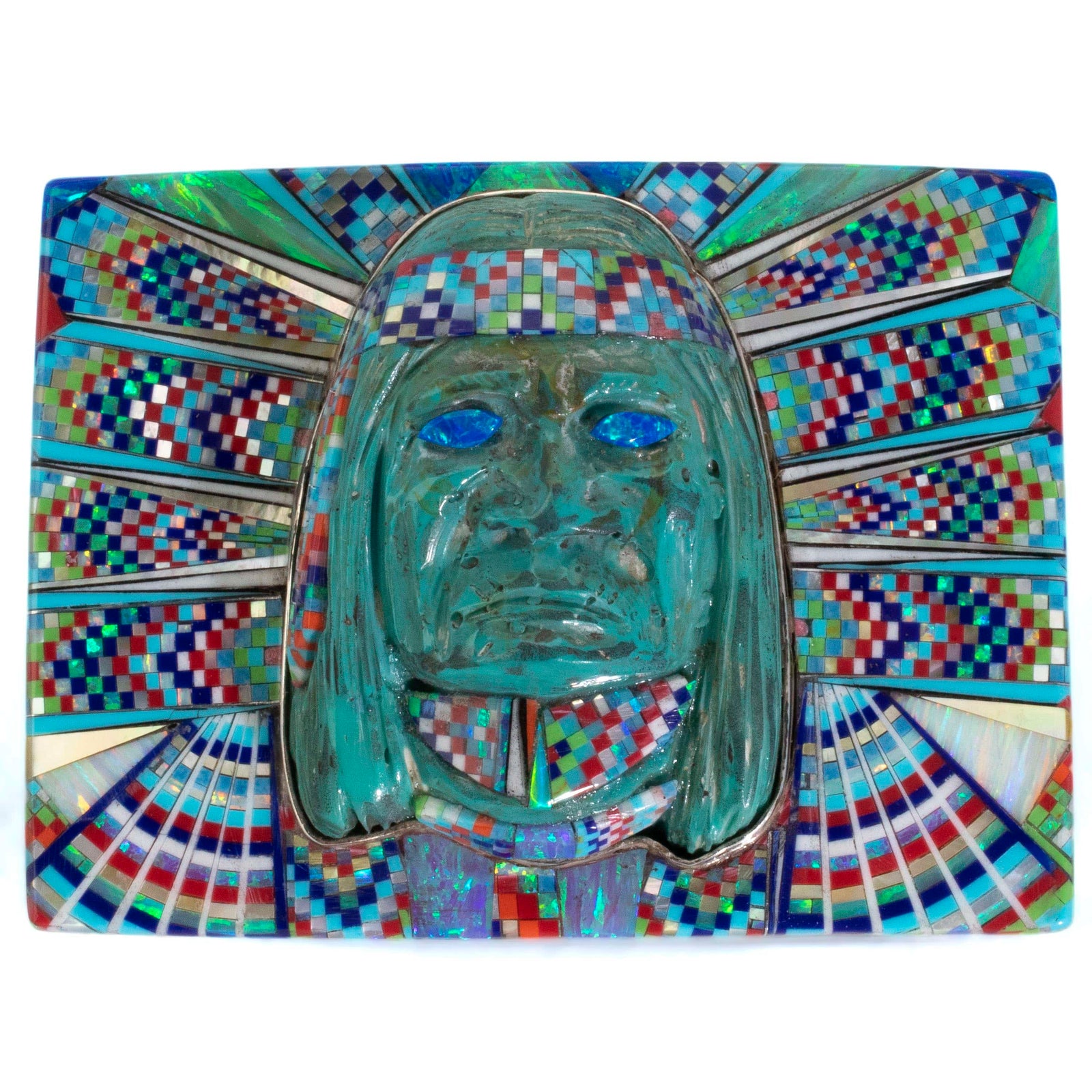 KALIFANO Southwest Silver Jewelry Multi Gem Opal Micro Inlay with Genuine Turquoise Indian Chief Handmade 925 Sterling Silver Rectangular Belt Buckle AKBB2400.001