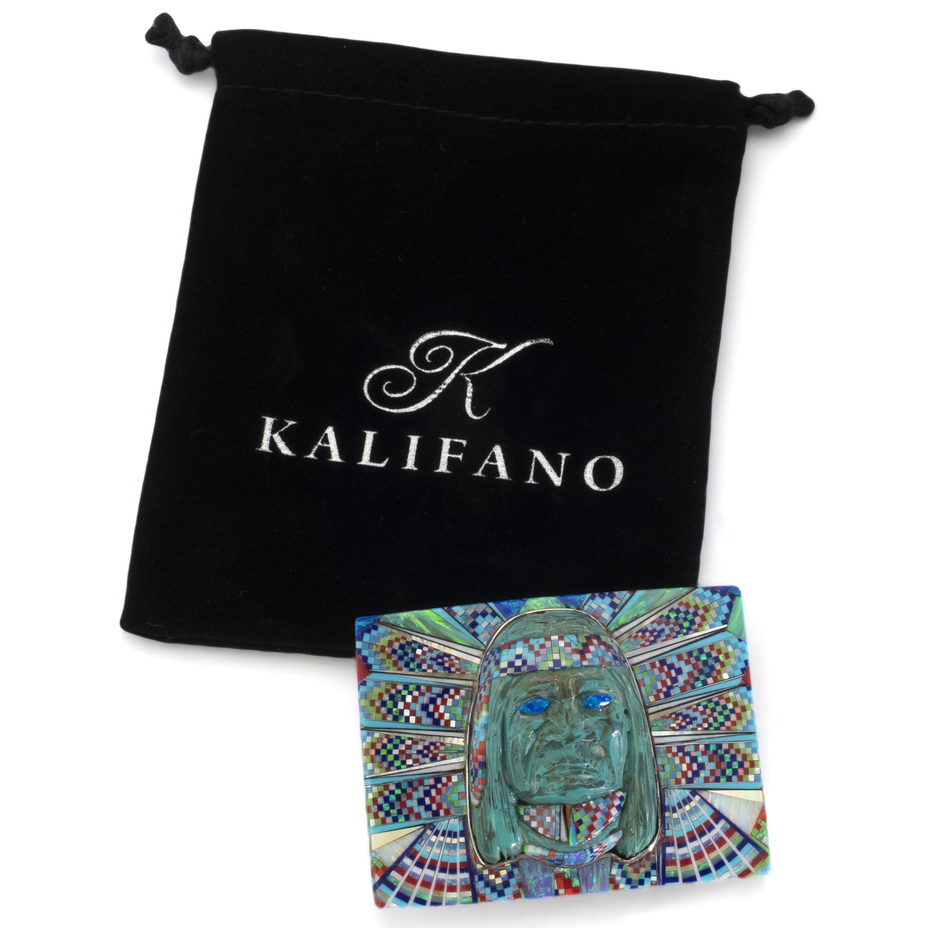 KALIFANO Southwest Silver Jewelry Multi Gem Opal Micro Inlay with Genuine Turquoise Indian Chief Handmade 925 Sterling Silver Rectangular Belt Buckle AKBB2400.001