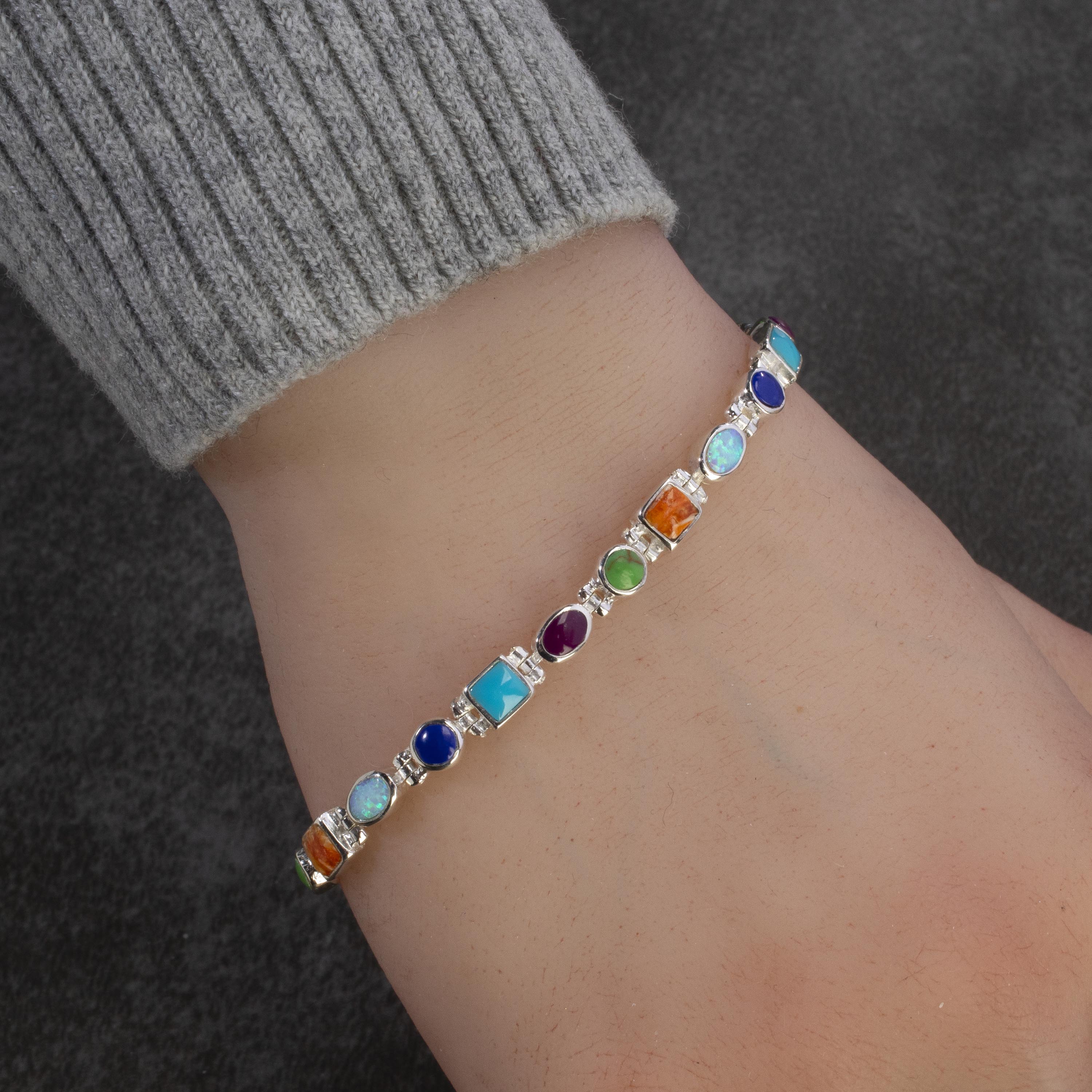 Kalifano Southwest Silver Jewelry Multi Gemstone 925 Sterling Silver Bracelet USA Handmade with Opal Accent NMB.0548.MT