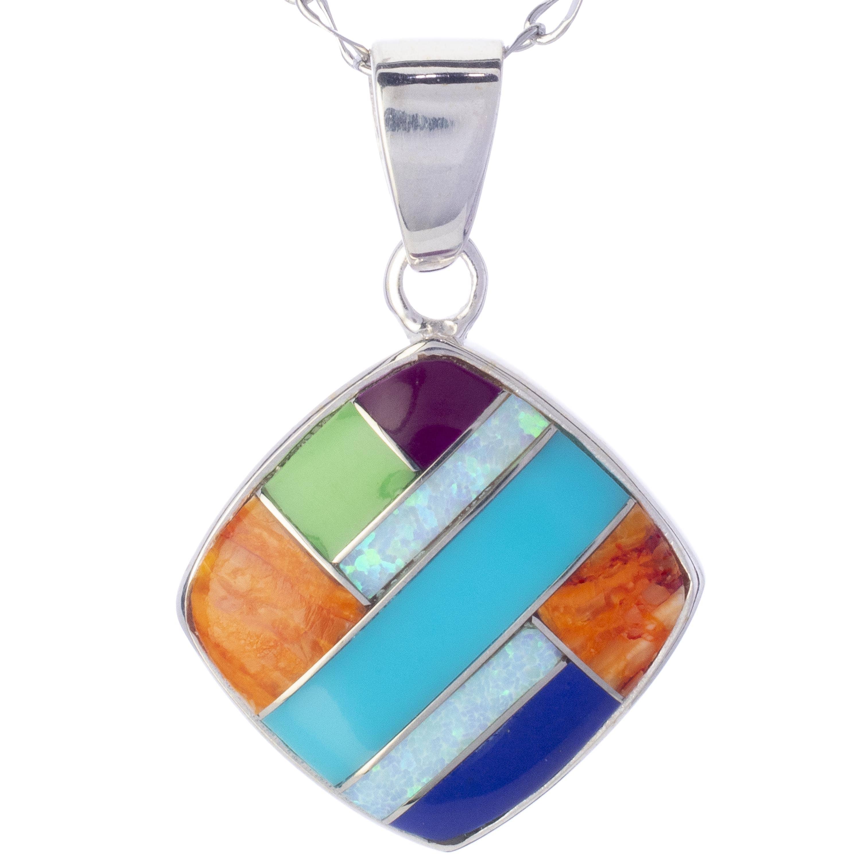 Kalifano Southwest Silver Jewelry Multi Gemstone 925 Sterling Silver Pendant USA Handmade with Opal Accent NMN.2241.MT