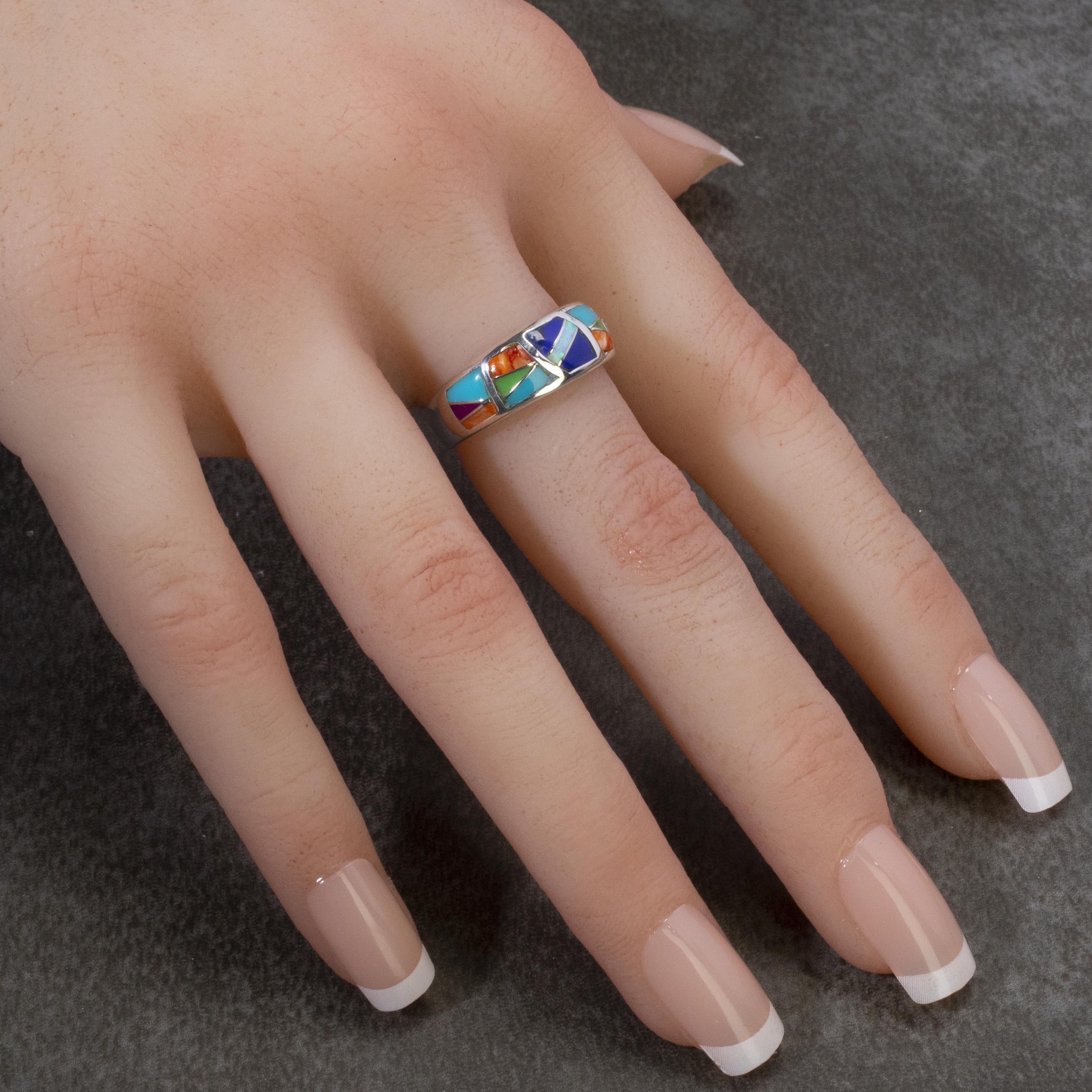 Kalifano Southwest Silver Jewelry Multi Gemstone 925 Sterling Silver Ring Handmade with Laboratory Opal Accent