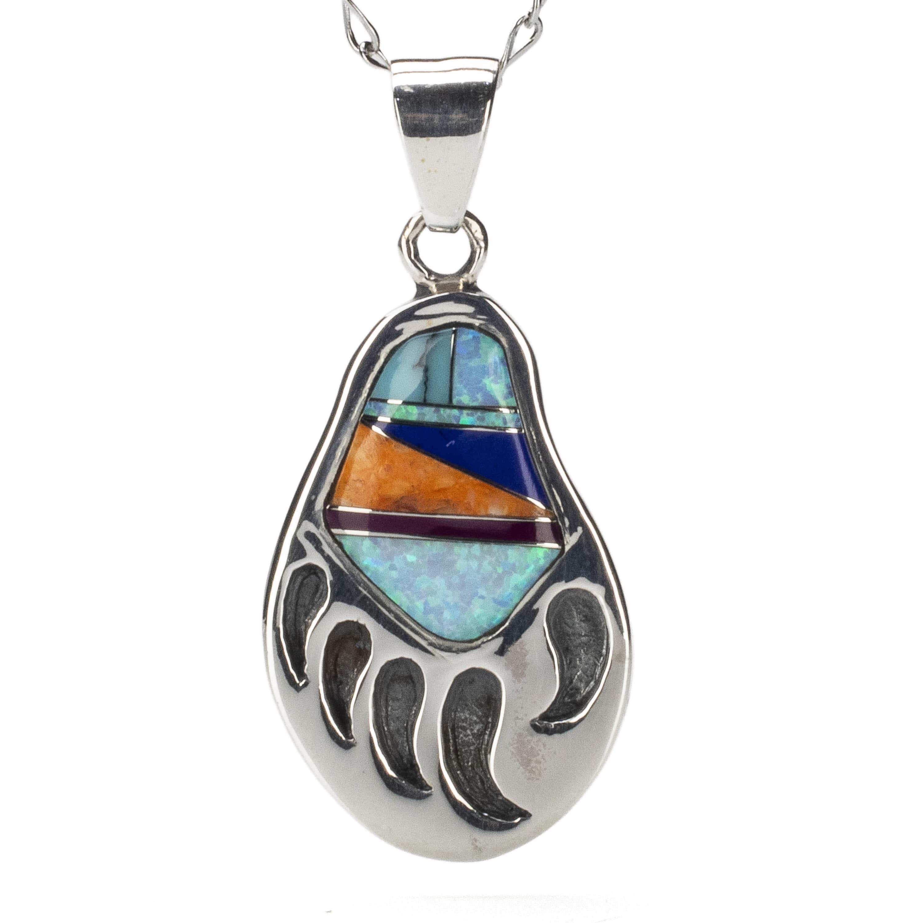 Kalifano Southwest Silver Jewelry Multi Gemstone Bear Claw Handmade with Sterling Silver Pendant and Opal Accent NMN.2318.MT