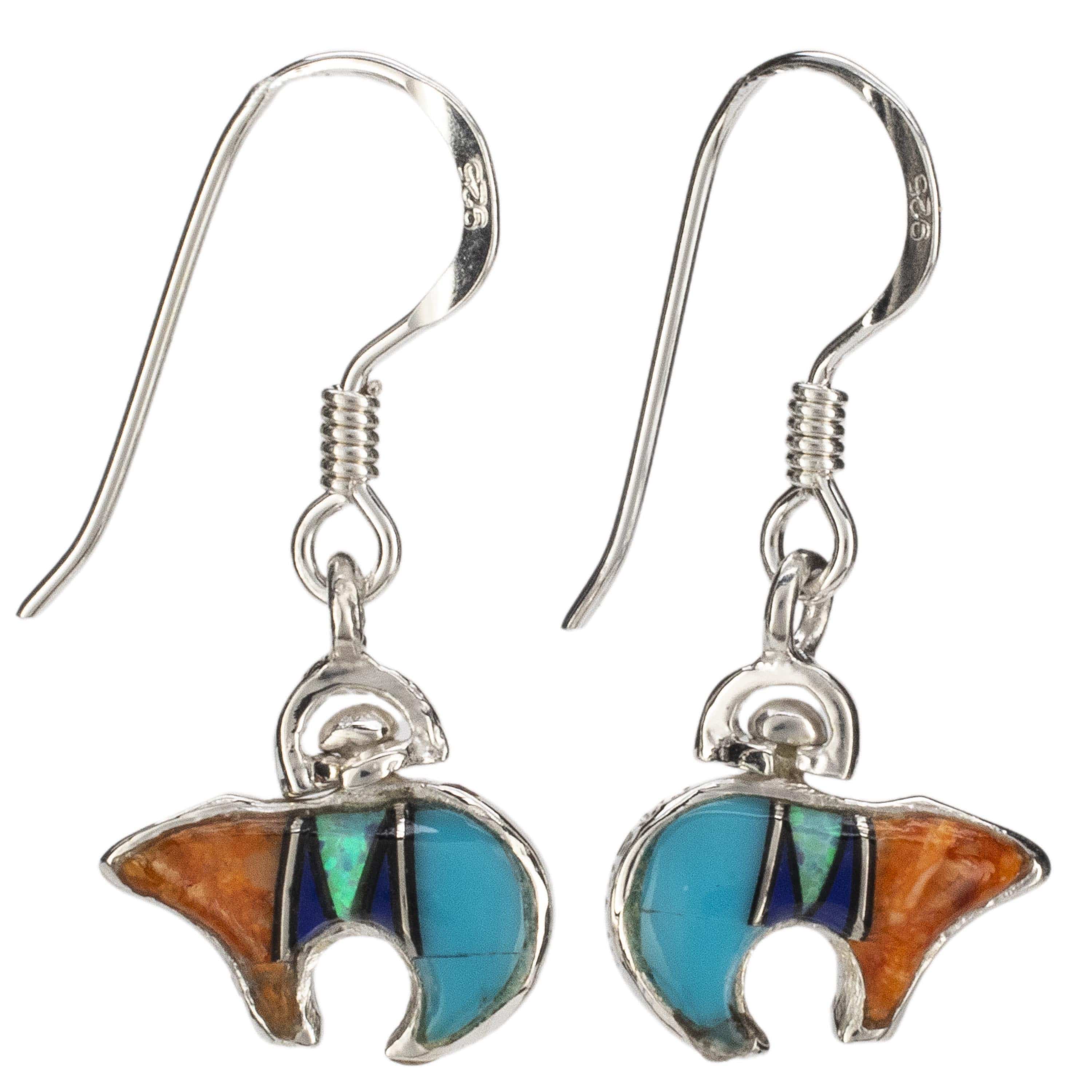 Kalifano Southwest Silver Jewelry Multi Gemstone Bear Earrings Handmade with Sterling Silver and Opal Accent NME.1129.MT