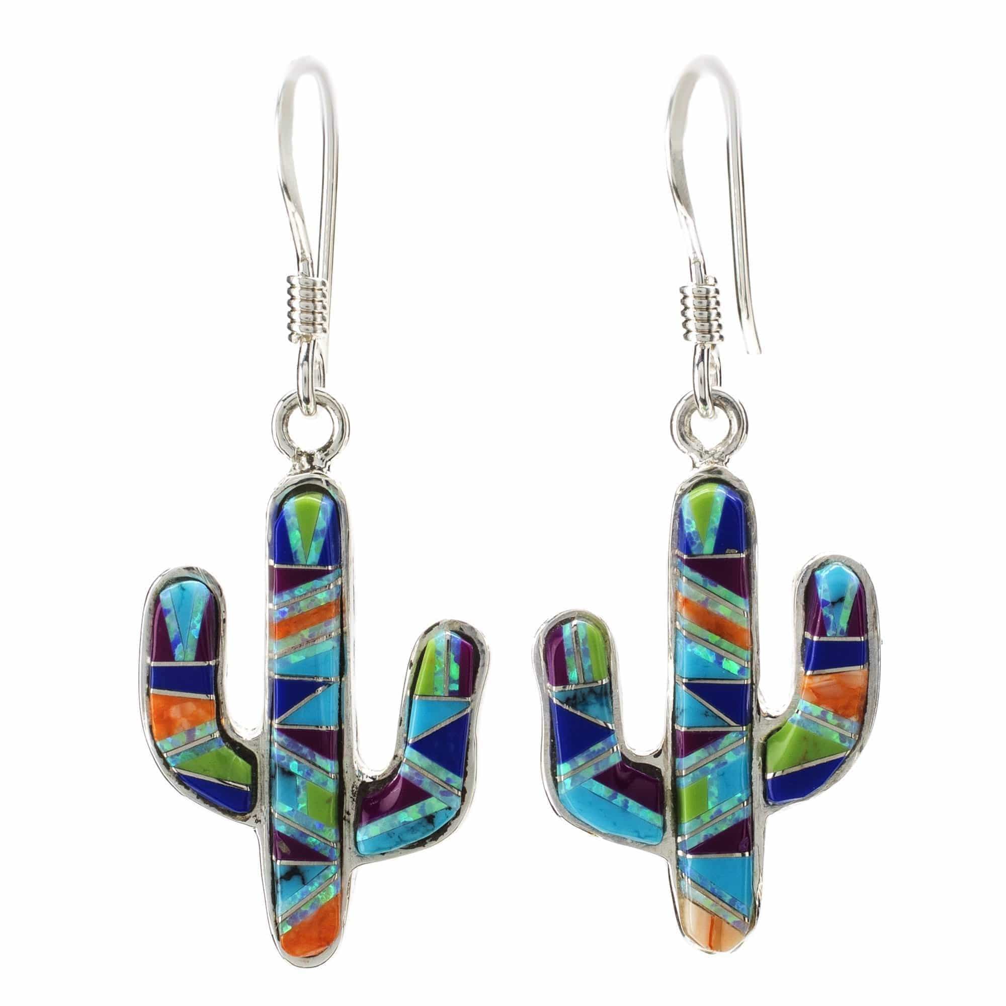 Kalifano Southwest Silver Jewelry Multi Gemstone Cactus 925 Sterling Silver Earring with French Hook USA Handmade with Opal Accent NME.0602.MT