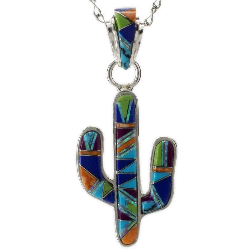 Kalifano Southwest Silver Jewelry Multi Gemstone Cactus 925 Sterling Silver Pendant USA Handmade with Opal Accent NMN.0602.MT