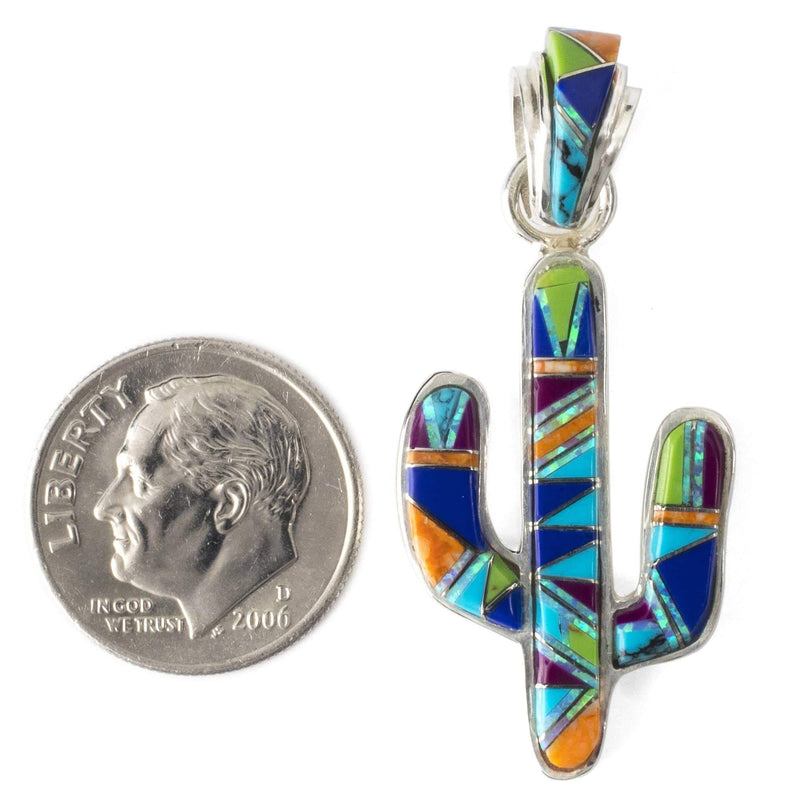 Kalifano Southwest Silver Jewelry Multi Gemstone Cactus 925 Sterling Silver Pendant USA Handmade with Opal Accent NMN.0602.MT