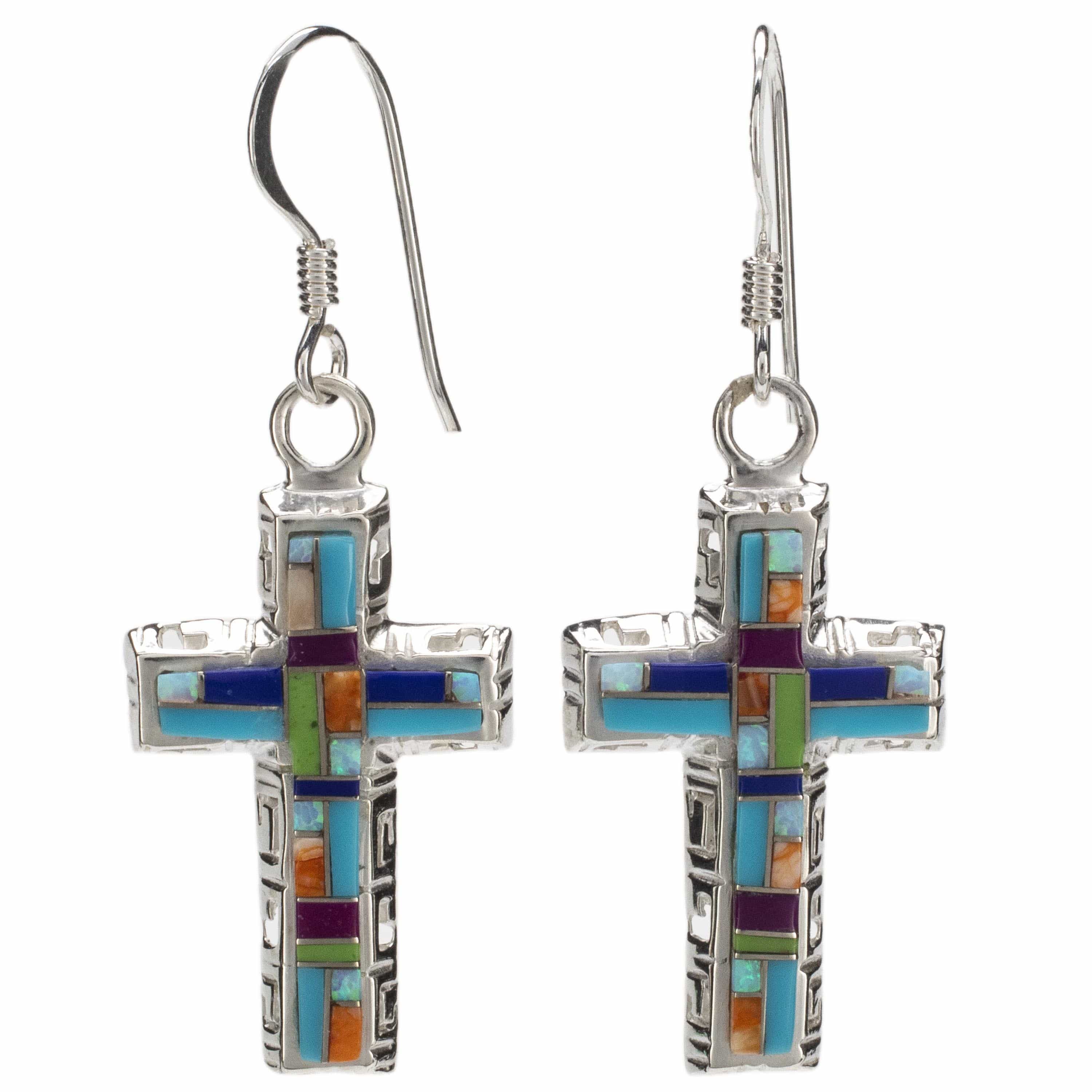 Kalifano Southwest Silver Jewelry Multi Gemstone Cross Earrings Handmade with Sterling Silver and Opal Accent NME.0587.MT