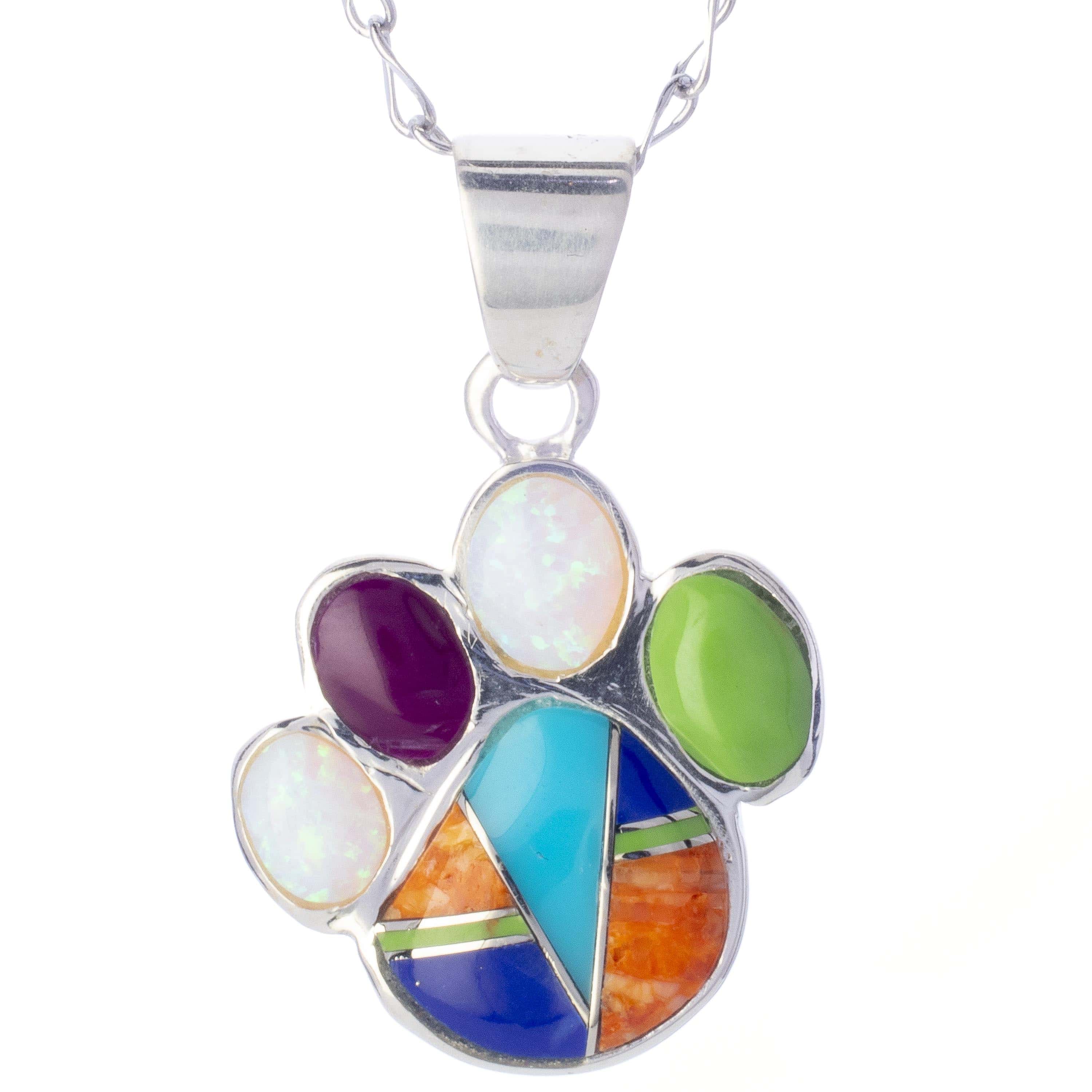 Kalifano Southwest Silver Jewelry Multi Gemstone Dog Paw 925 Sterling Silver Pendant USA Handmade with Opal Accent NMN.2364.MT