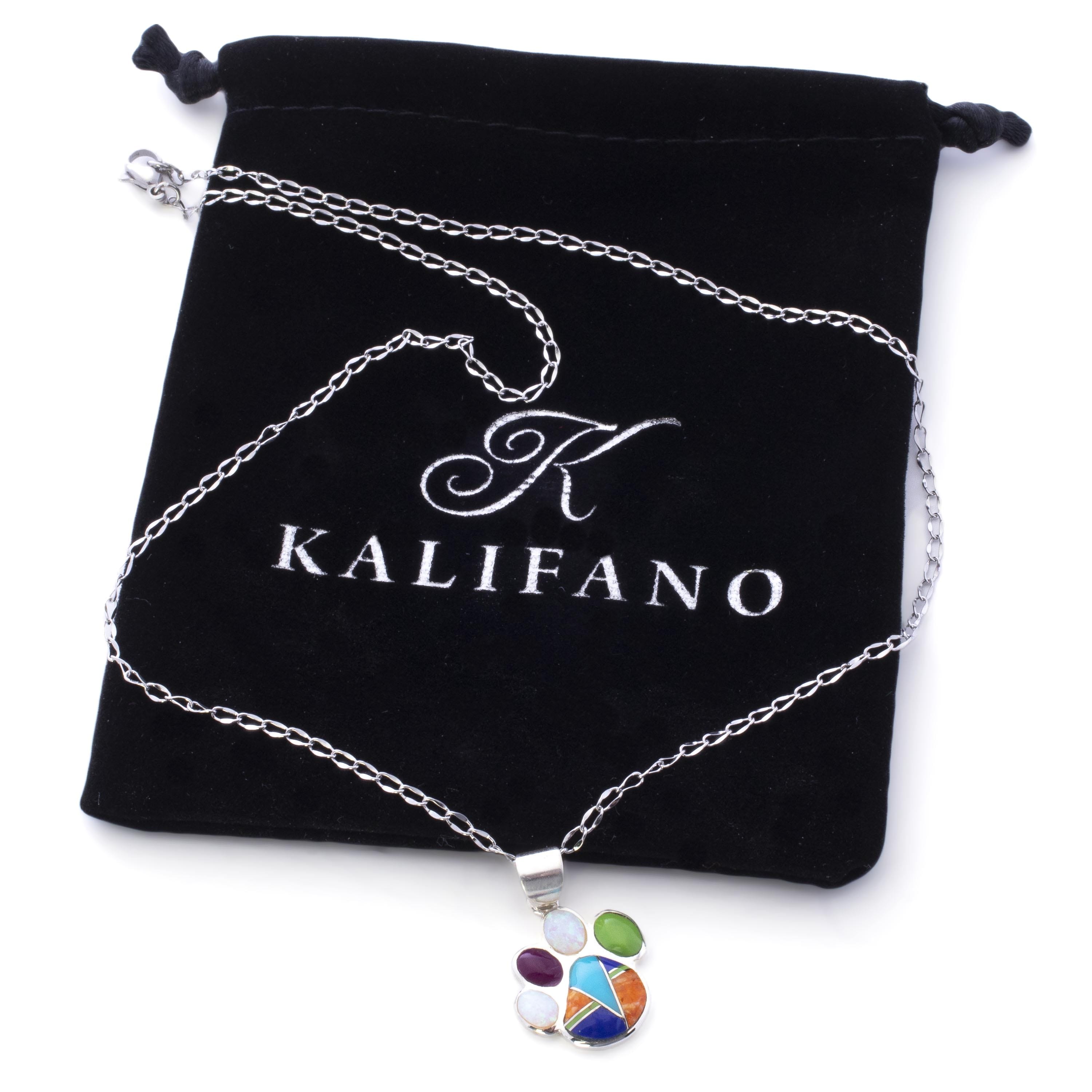 Kalifano Southwest Silver Jewelry Multi Gemstone Dog Paw 925 Sterling Silver Pendant USA Handmade with Opal Accent NMN.2364.MT