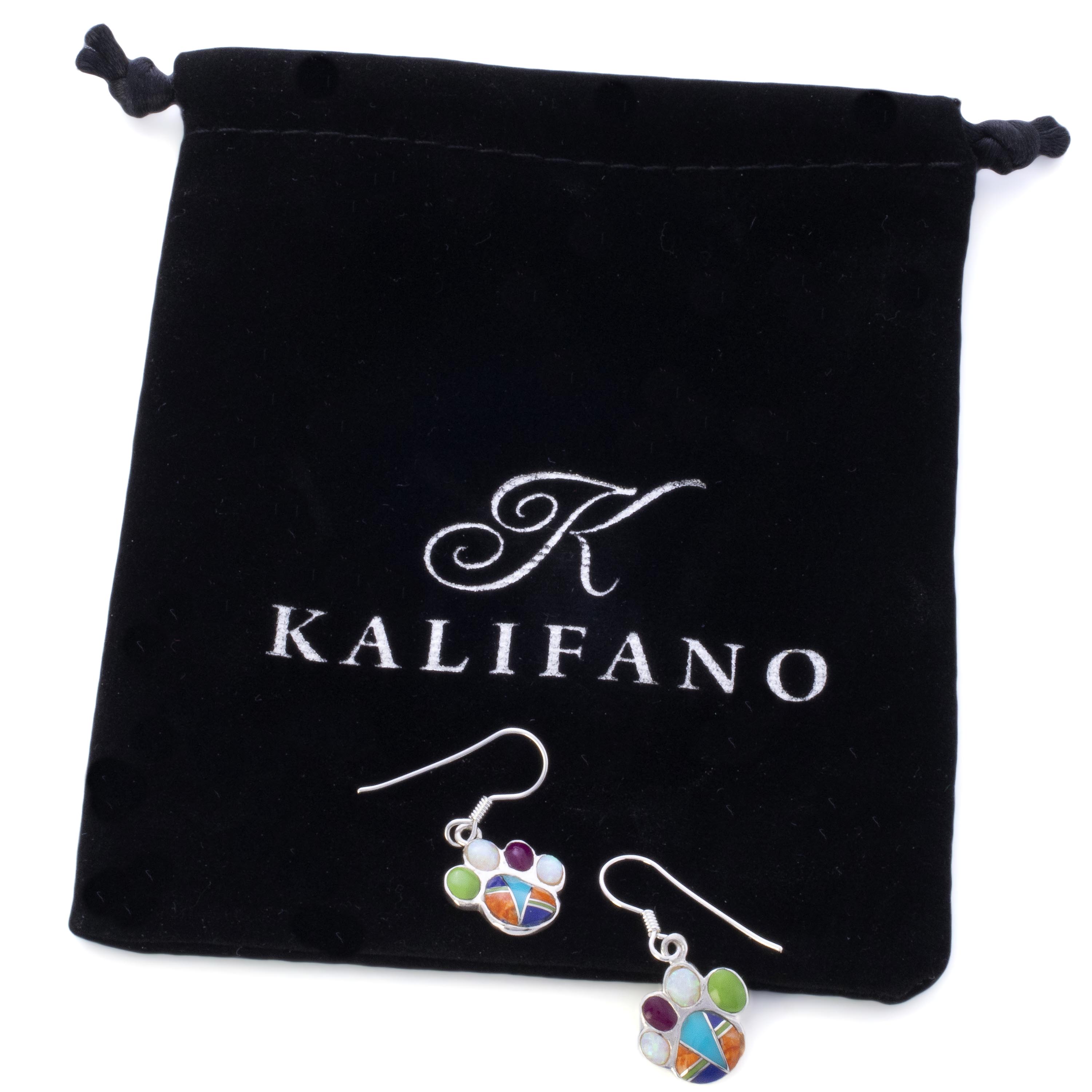 KALIFANO Southwest Silver Jewelry Multi Gemstone Dog Paw Dangle Sterling Silver Earrings with French Hook USA Handmade with Opal Accent NME.2364.MT