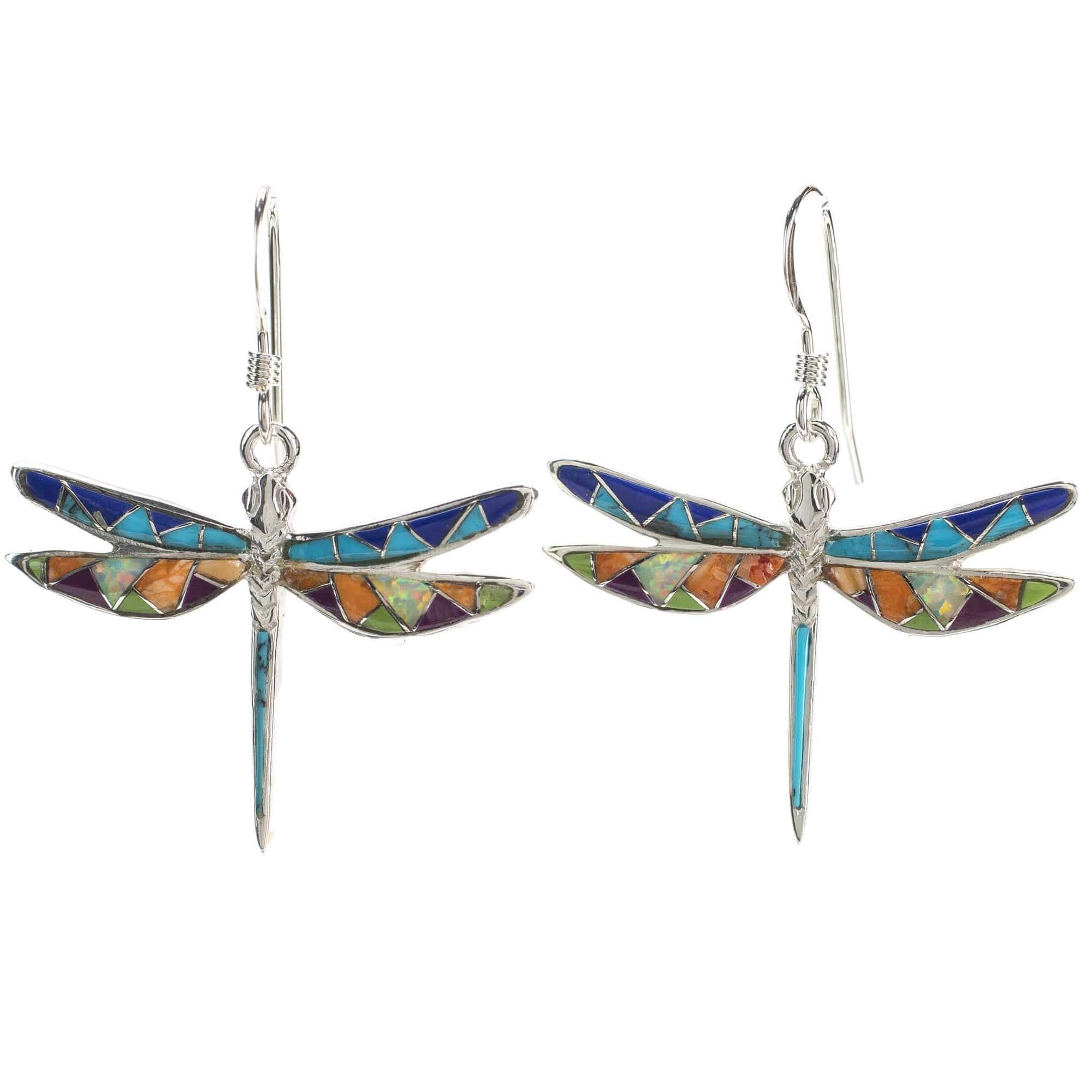 Kalifano Southwest Silver Jewelry Multi Gemstone Dragonfly 925 Sterling Silver Earring with French Hook USA Handmade with Opal Accent NME.2296S.MT