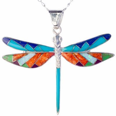 Kalifano Southwest Silver Jewelry Multi Gemstone Dragonfly 925 Sterling Silver Pendant USA Handmade with Opal Accent NMN.2286.MT