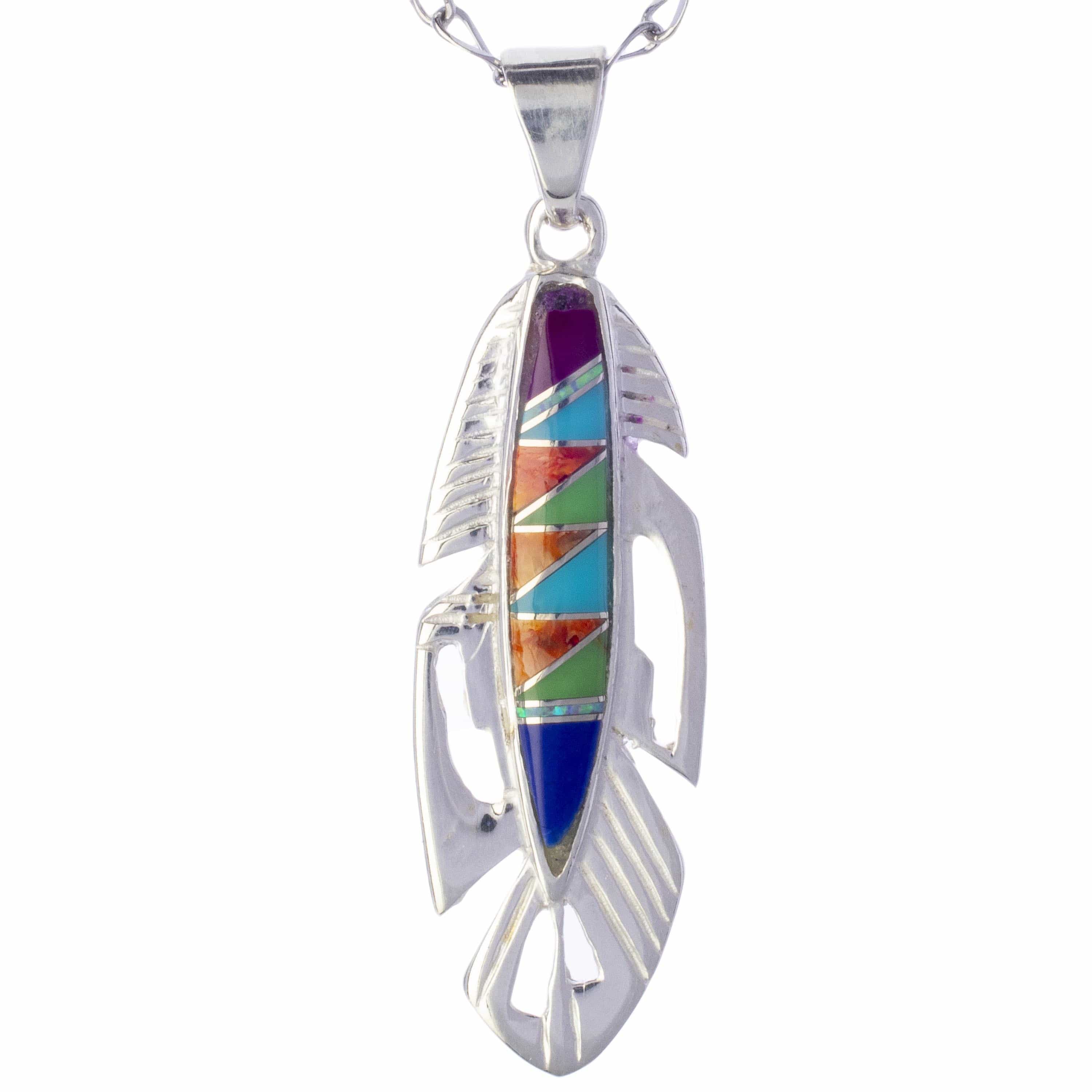 Kalifano Southwest Silver Jewelry Multi Gemstone Feather 925 Sterling Silver Pendant USA Handmade with Opal Accent NMN.2113.MT