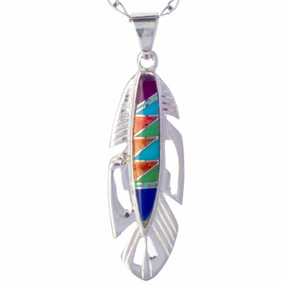 Kalifano Southwest Silver Jewelry Multi Gemstone Feather 925 Sterling Silver Pendant USA Handmade with Opal Accent NMN.2113.MT
