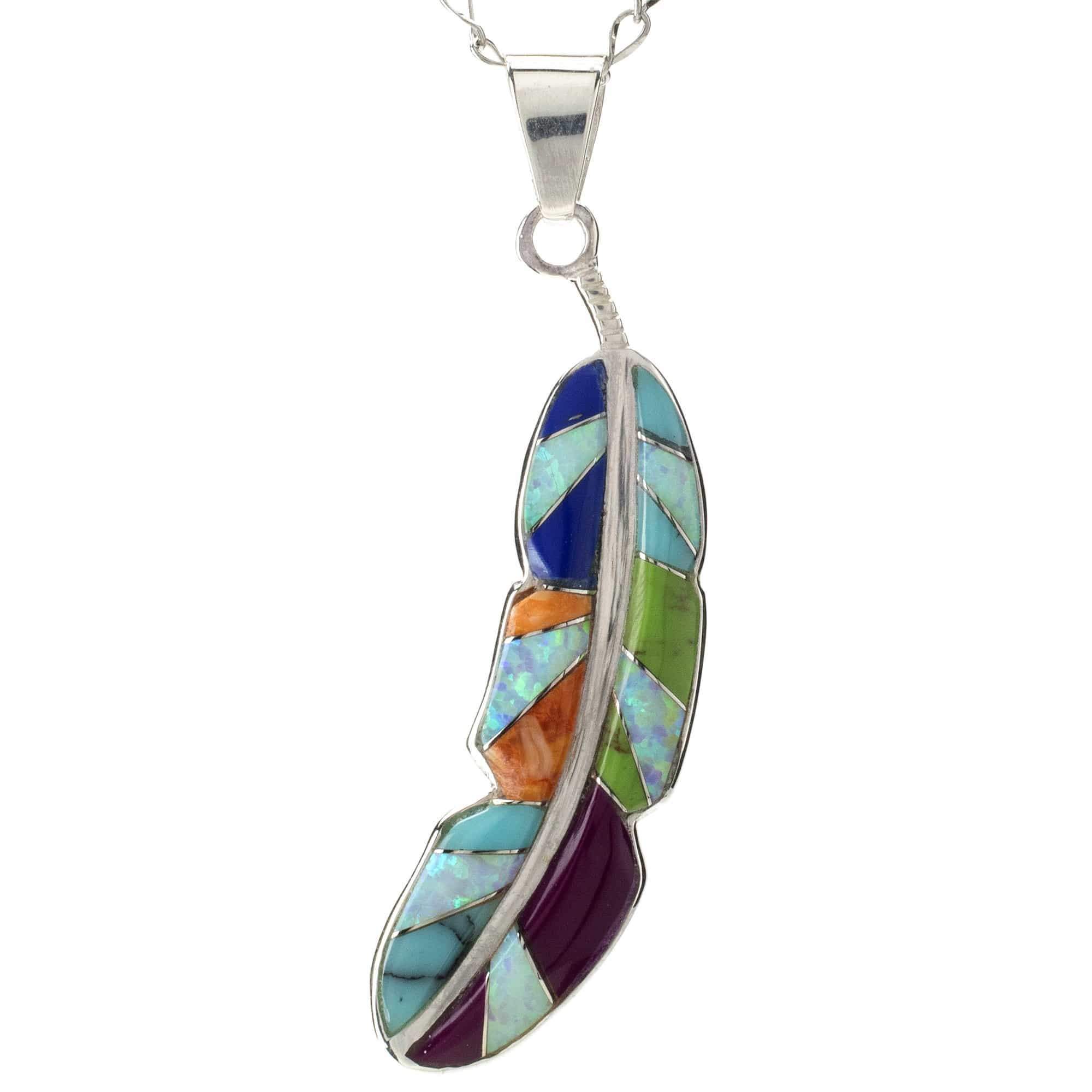 Kalifano Southwest Silver Jewelry Multi Gemstone Feather 925 Sterling Silver Pendant USA Handmade with Opal Accent NMN.2312.MT