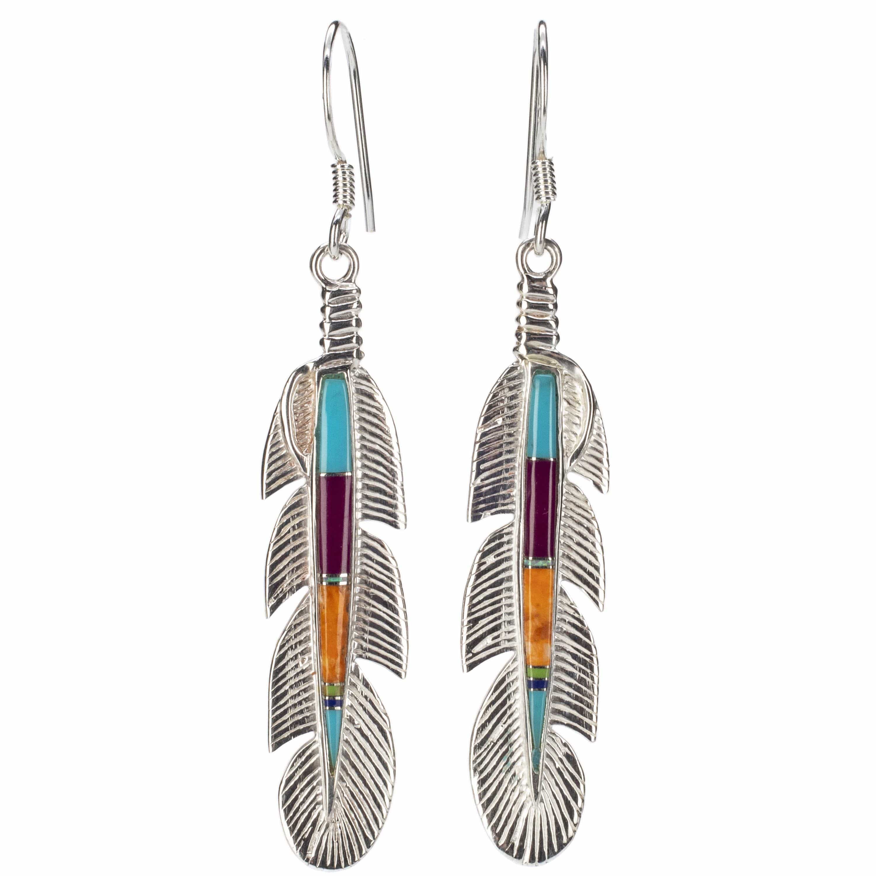 Kalifano Southwest Silver Jewelry Multi Gemstone Feather Earrings Handmade with Sterling Silver and Opal Accent NME.0741.MT