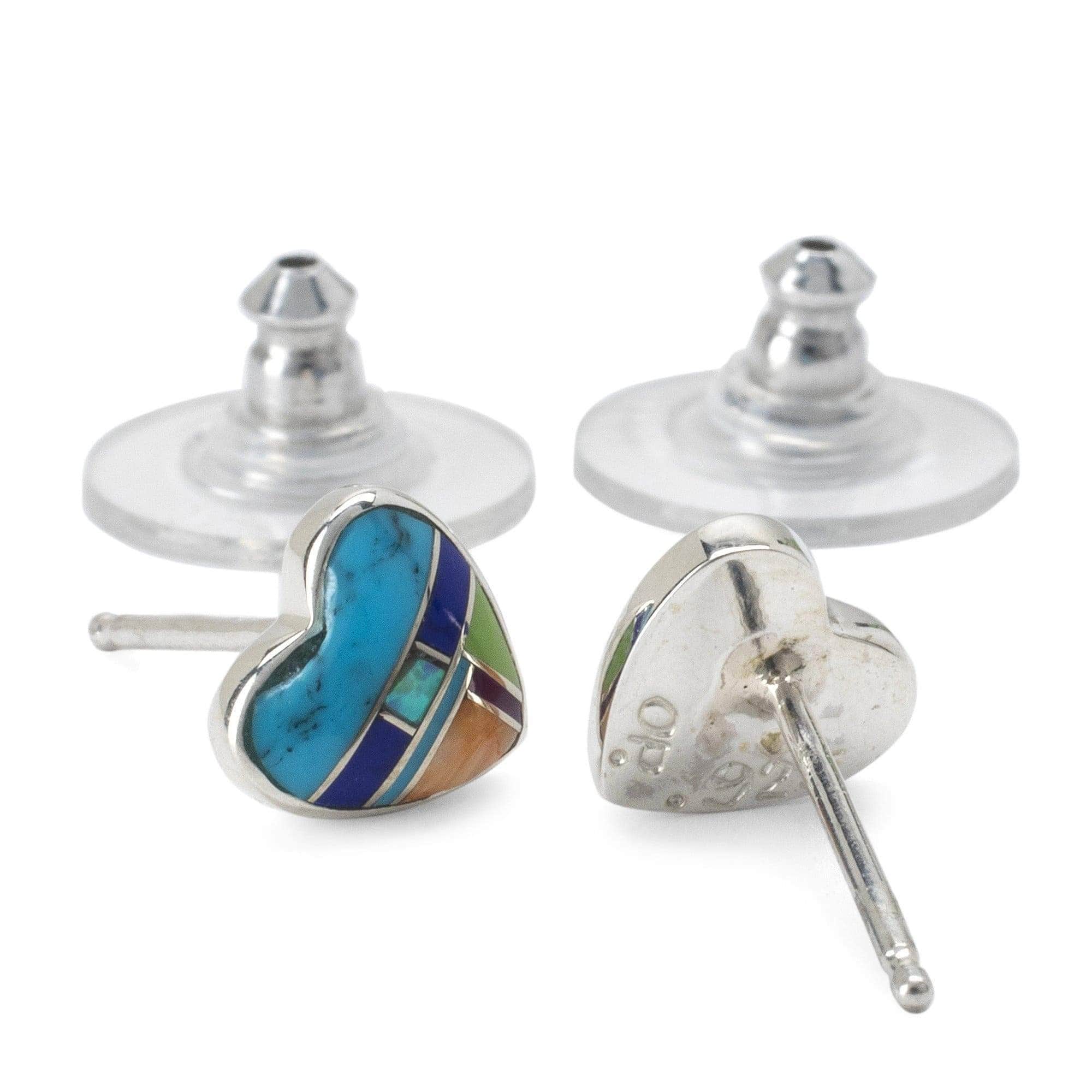 Kalifano Southwest Silver Jewelry Multi Gemstone Heart 925 Sterling Silver Earring with Stud Backing USA Handmade with Opal Accent NME.2240.MT