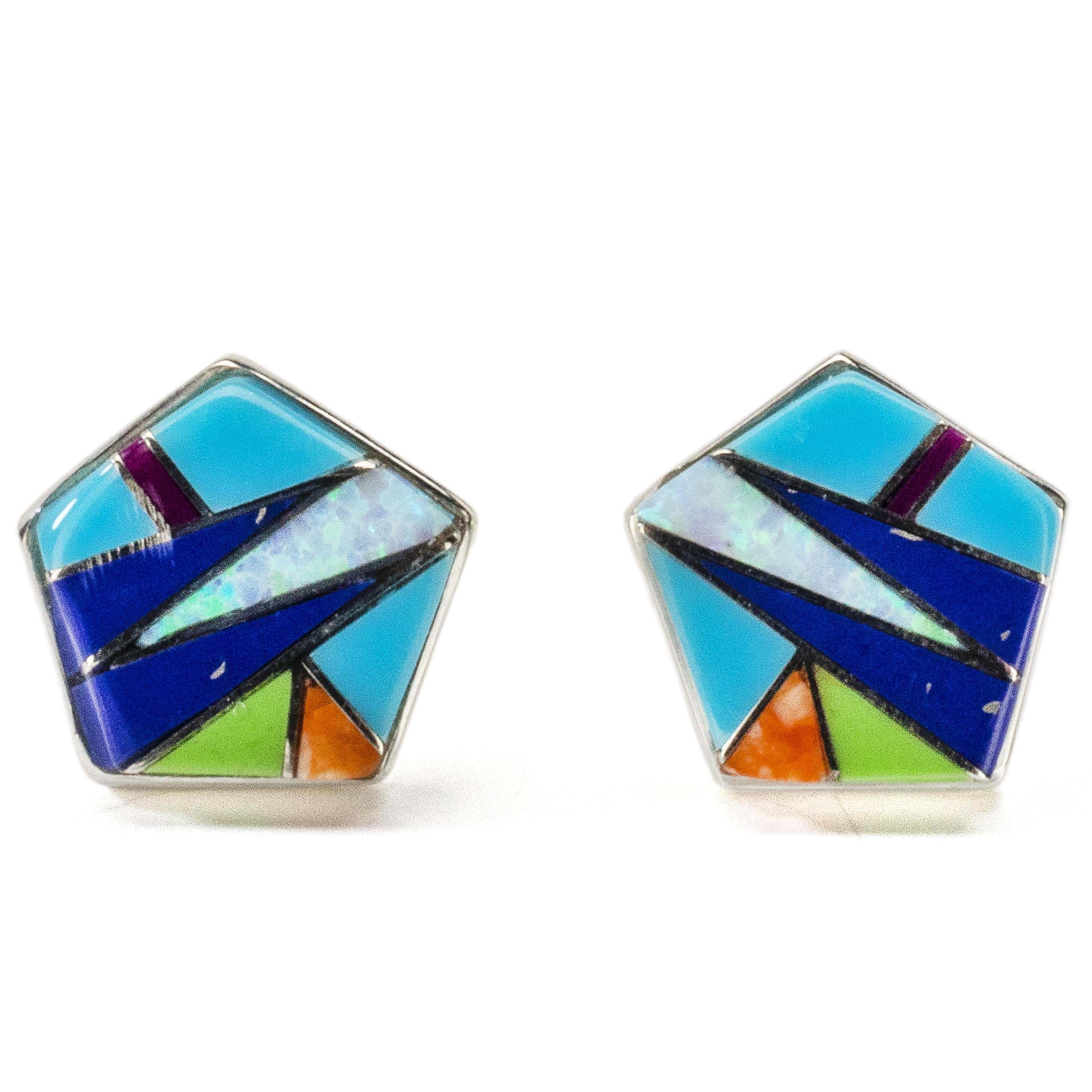 Kalifano Southwest Silver Jewelry Multi Gemstone Hexagon Earrings Handmade with Sterling Silver and Opal Accent NME.2270.MT