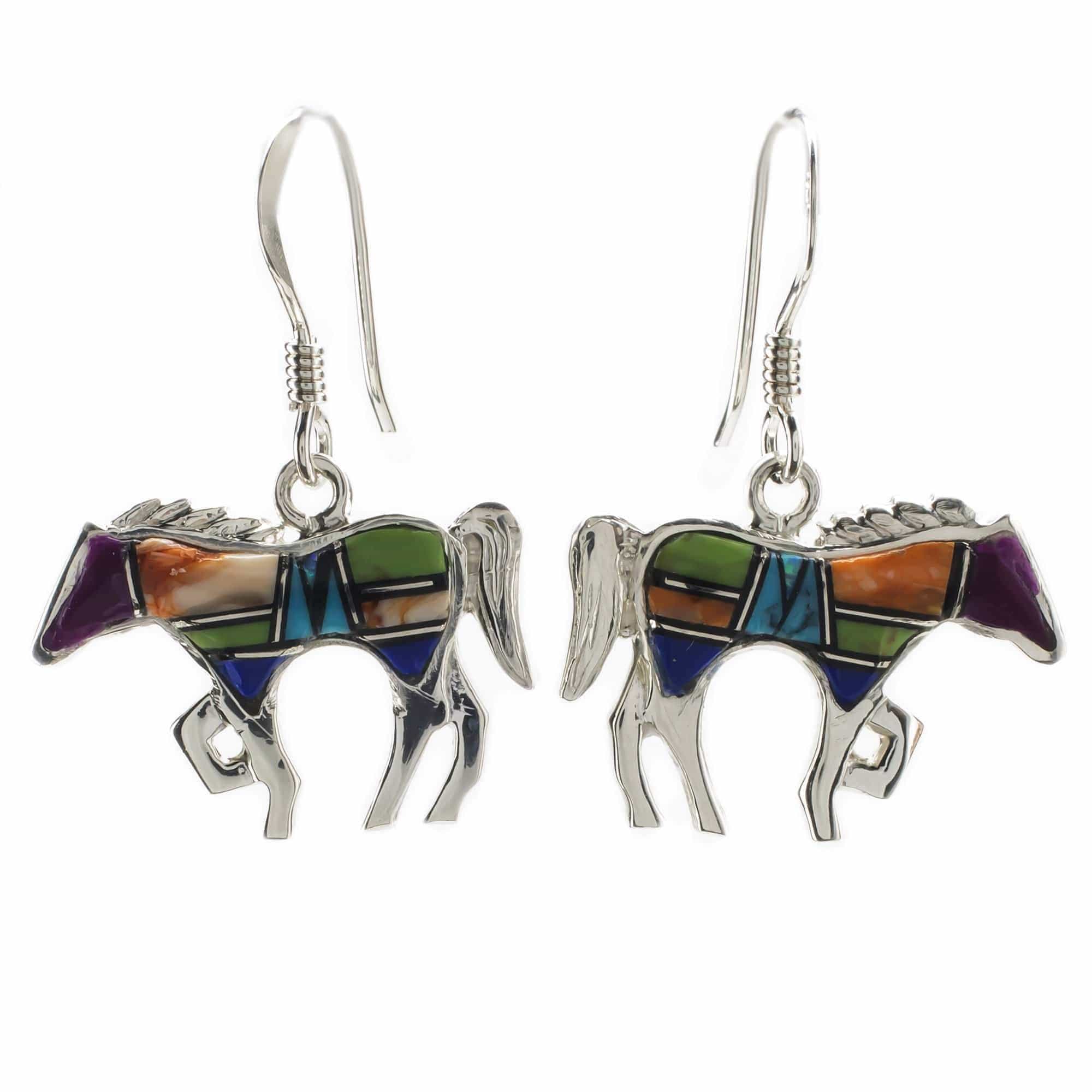 Kalifano Southwest Silver Jewelry Multi Gemstone Horse 925 Sterling Silver Earring with French Hook USA Handmade NME.1089.MT