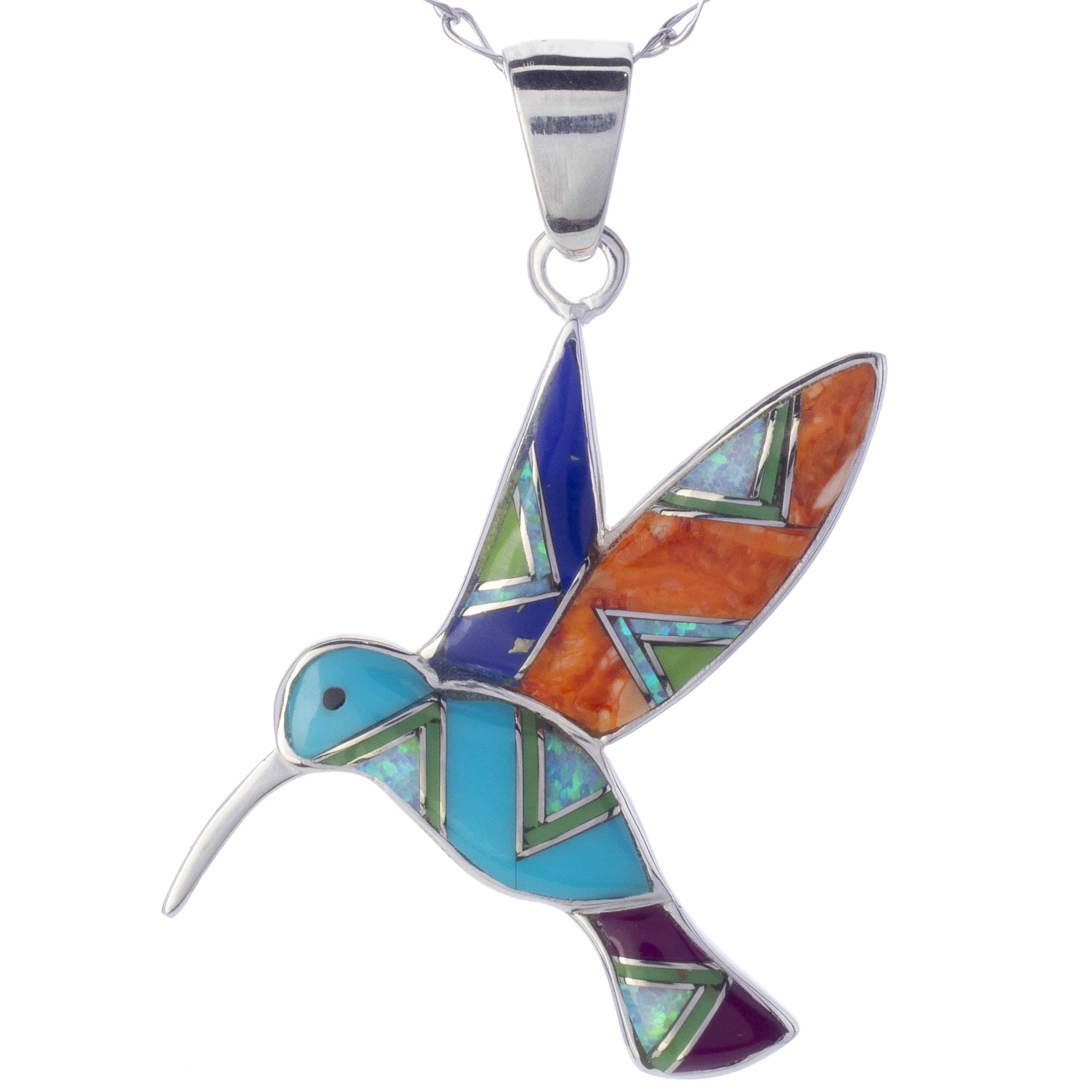 Kalifano Southwest Silver Jewelry Multi Gemstone Hummingbird 925 Sterling Silver Pendant USA Handmade with Opal Accent NMN.2323.MT