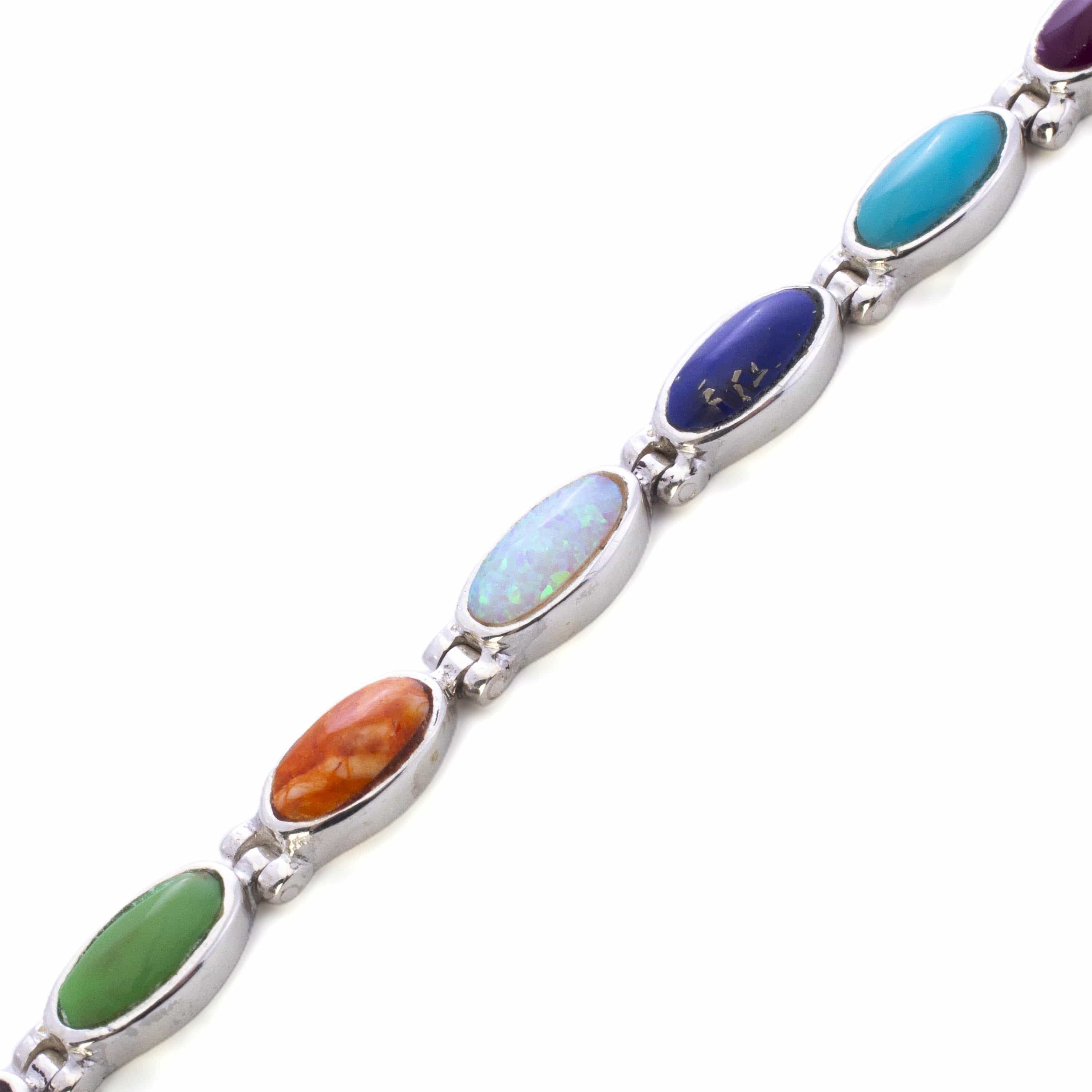 Kalifano Southwest Silver Jewelry Multi Gemstone Oval 925 Sterling Silver Bracelet USA Handmade with Opal Accent NMB.0559.MT