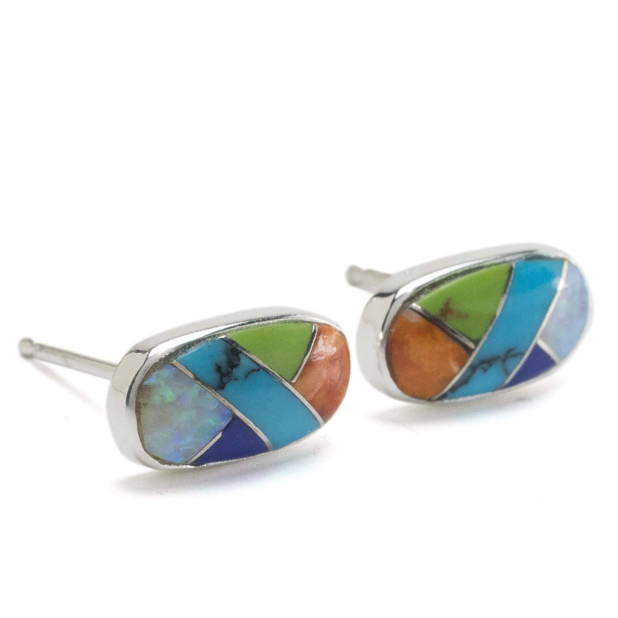 Kalifano Southwest Silver Jewelry Multi Gemstone Oval 925 Sterling Silver Earring with Stud Backing USA Handmade with Opal Accent NME.2238.MT