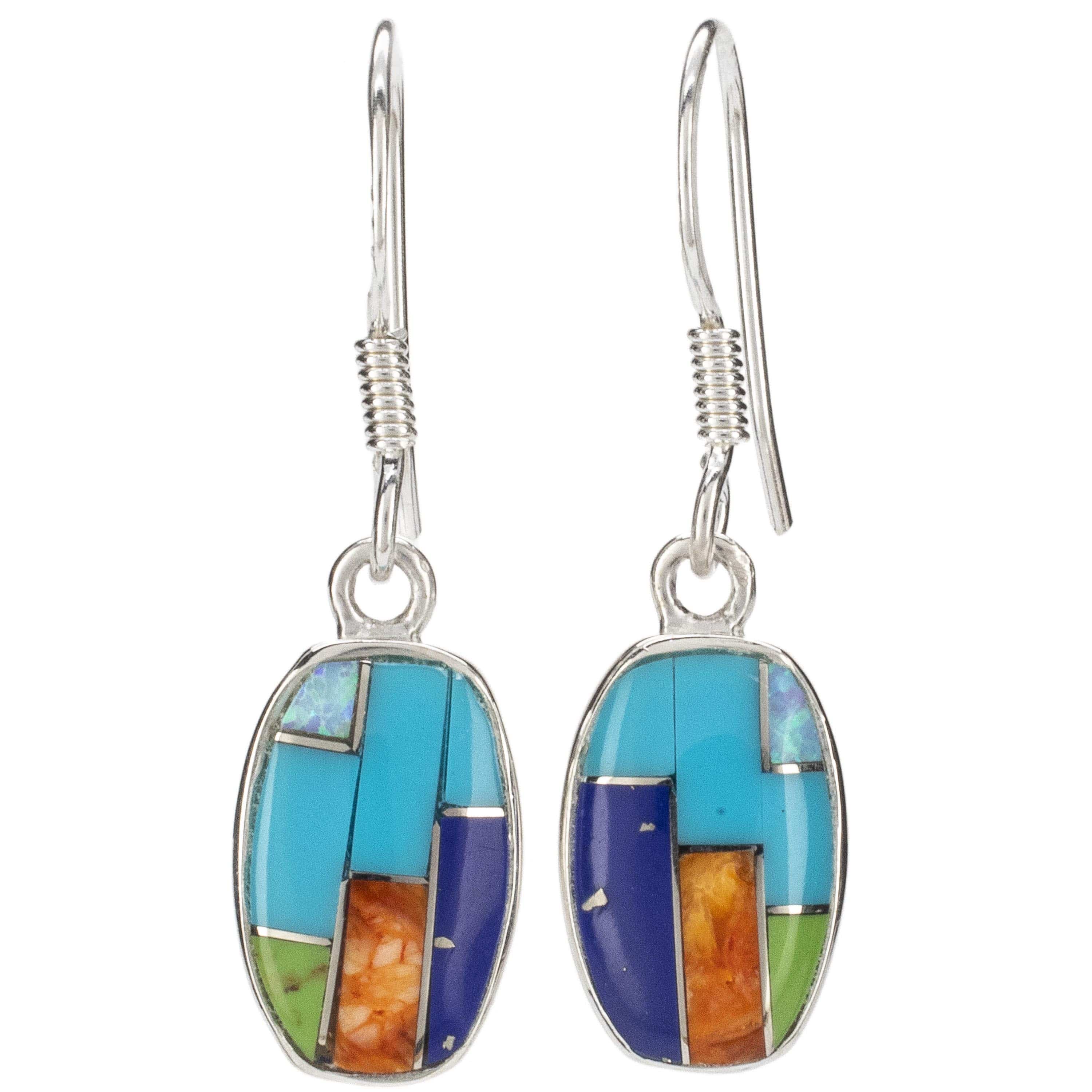 Kalifano Southwest Silver Jewelry Multi Gemstone Oval Earrings Handmade with Sterling Silver and Opal Accent NME.2073.MT