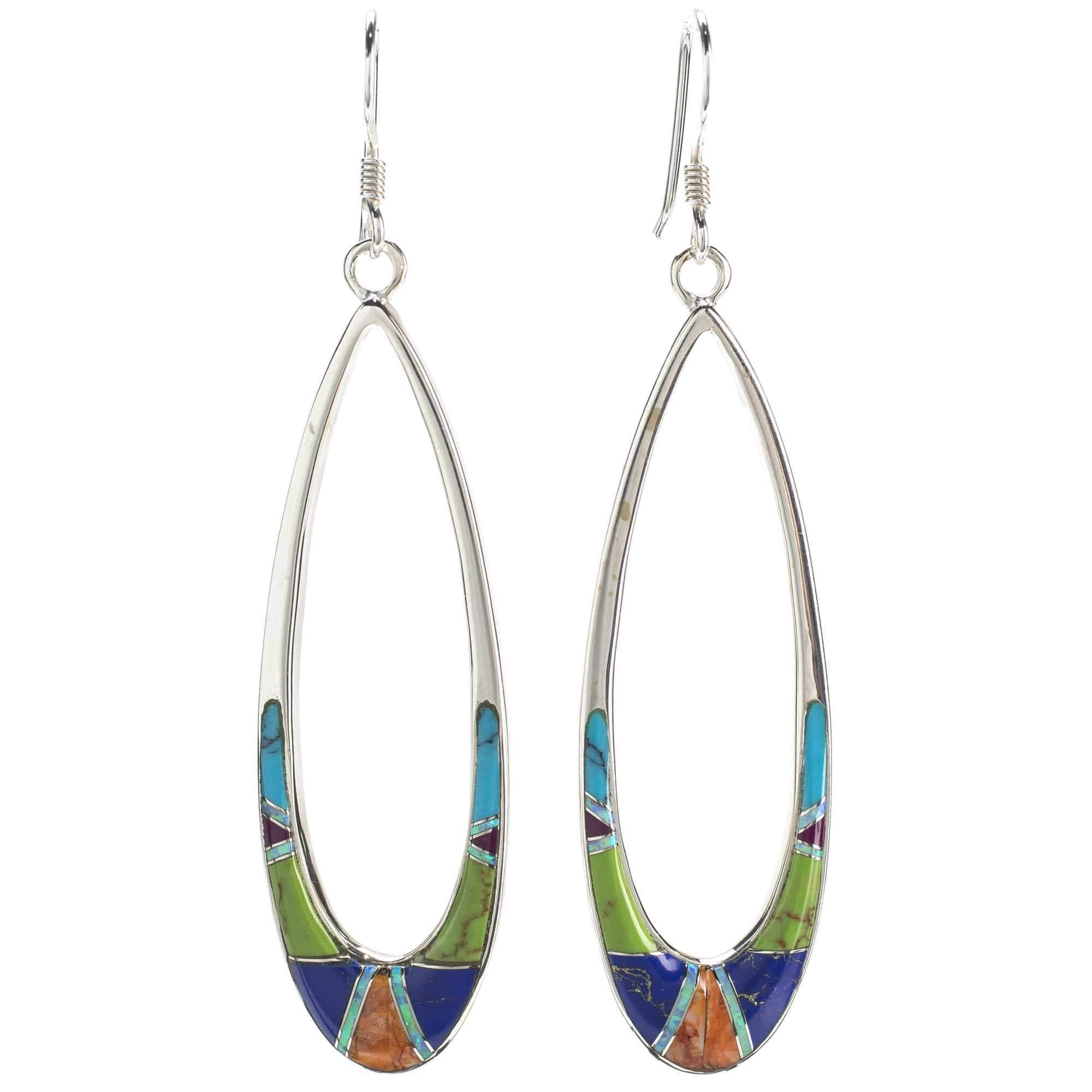 Kalifano Southwest Silver Jewelry Multi Gemstone Oval Hoop 925 Sterling Silver Earring with French Hook USA Handmade with Opal Accent NME.2300L.MT