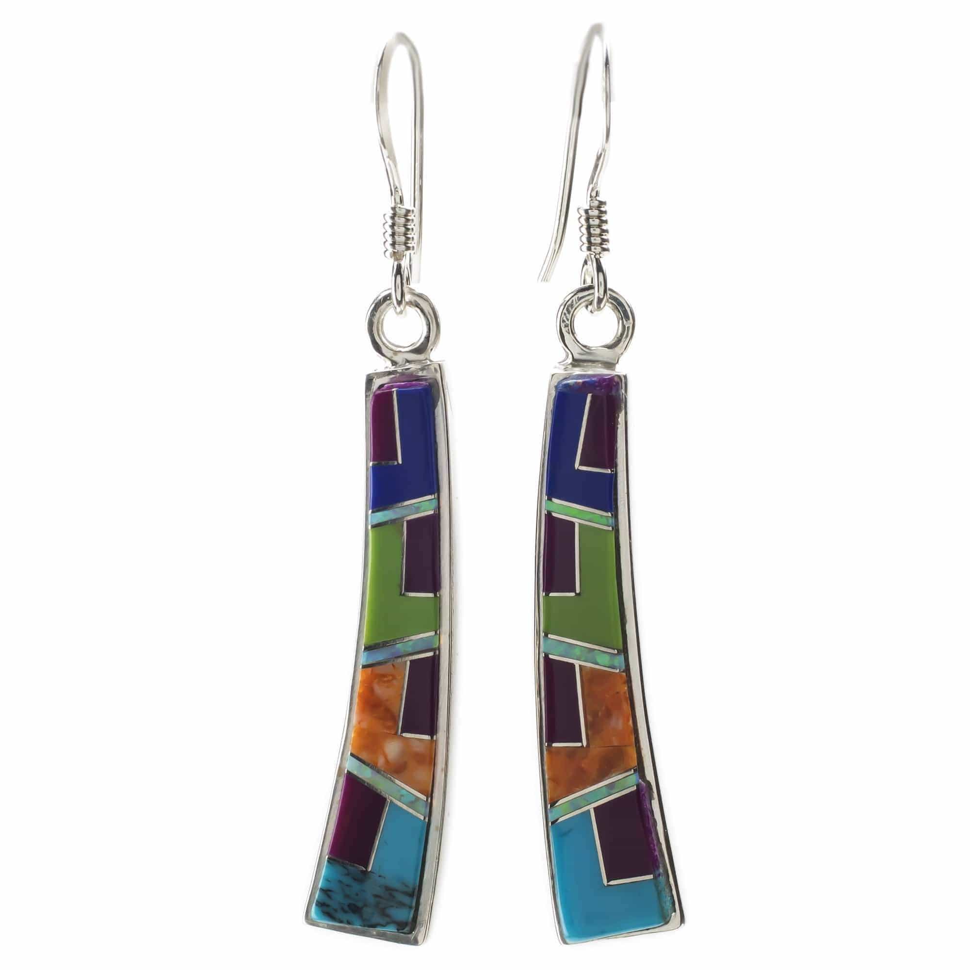 Kalifano Southwest Silver Jewelry Multi Gemstone Rectangular 925 Sterling Silver Earring with French Hook USA Handmade NME.0810.MT