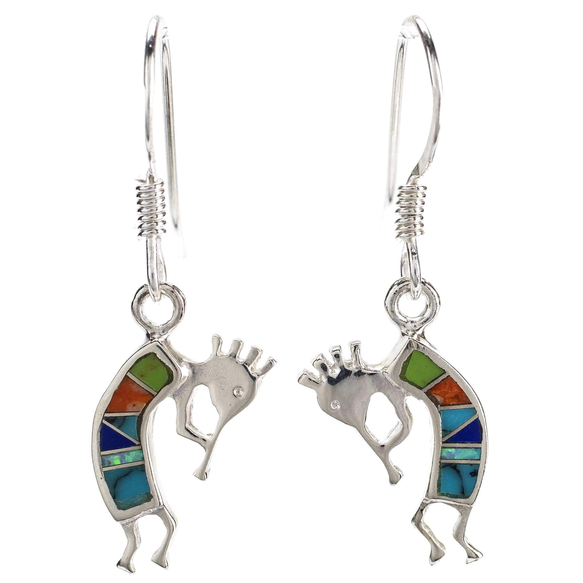 Kalifano Southwest Silver Jewelry Multi Gemstone Small Kokopelli 925 Sterling Silver Earring with French Hook USA Handmade with Aqua Opal Accent NME.0607.MT