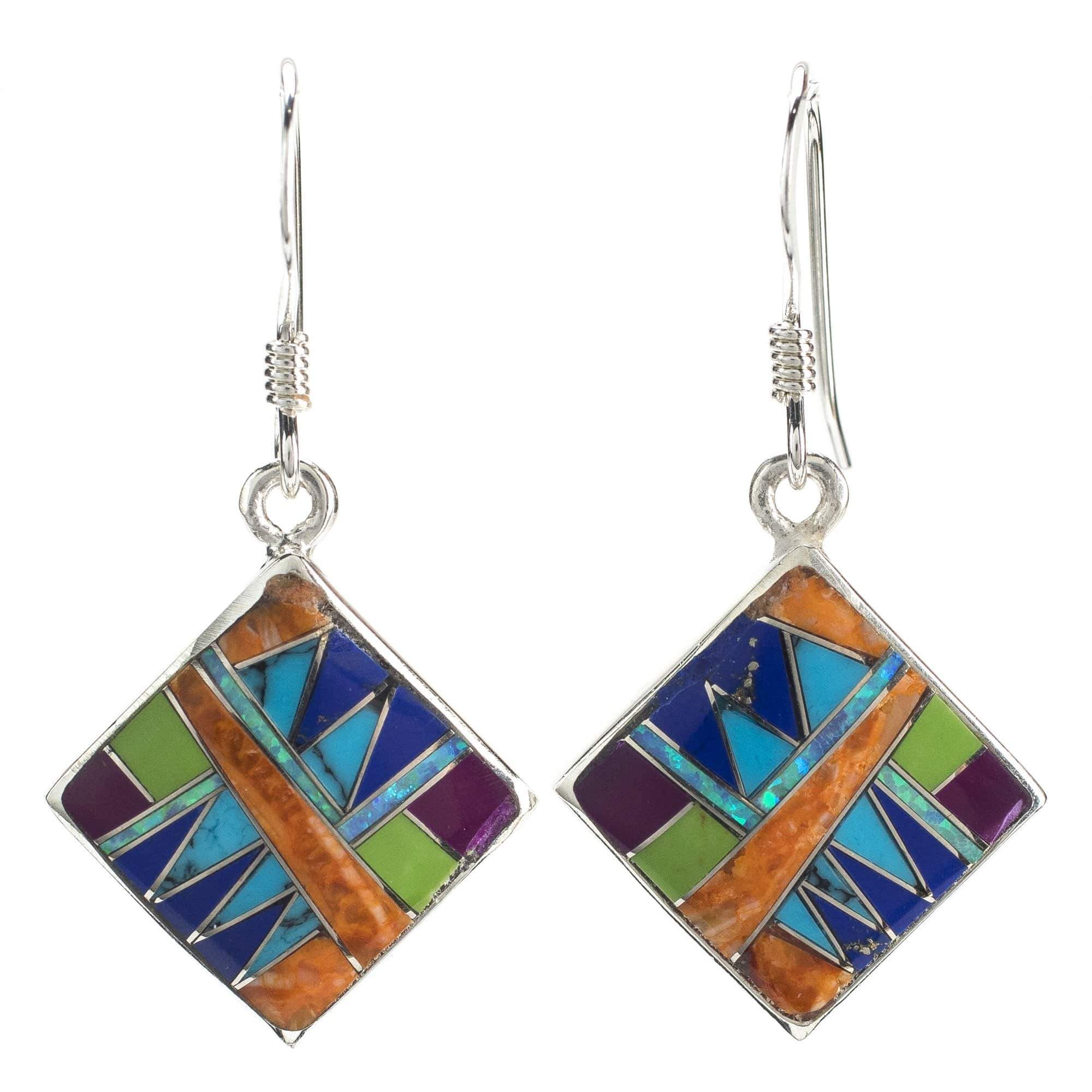 Kalifano Southwest Silver Jewelry Multi Gemstone Square 925 Sterling Silver Earring with French Hook USA Handmade with Aqua Opal Accent NME.2016.MT