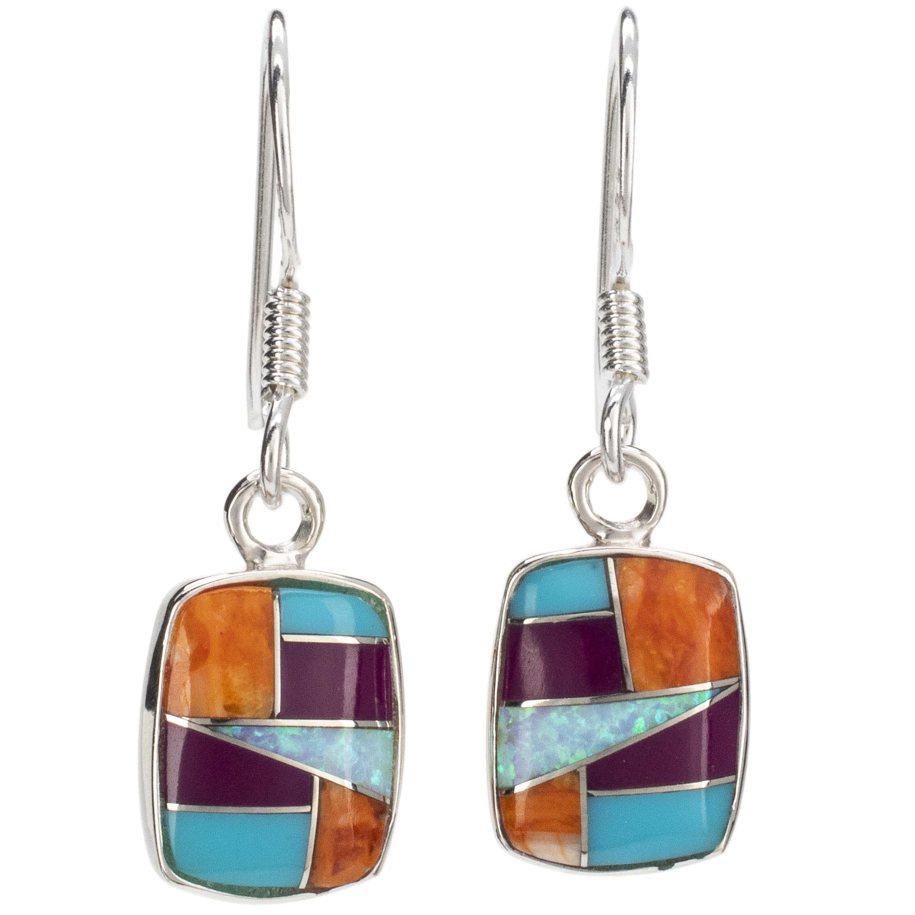 Kalifano Southwest Silver Jewelry Multi Gemstone Square Earrings Handmade with Sterling Silver and Opal Accent NME.2072.MT