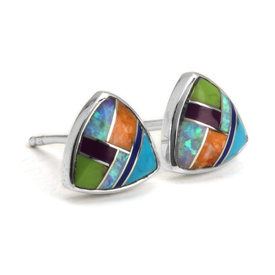 Kalifano Southwest Silver Jewelry Multi Gemstone Triangle 925 Sterling Silver Earring with Stud Backing USA Handmade with Aqua Opal Accent NME.2242.MT