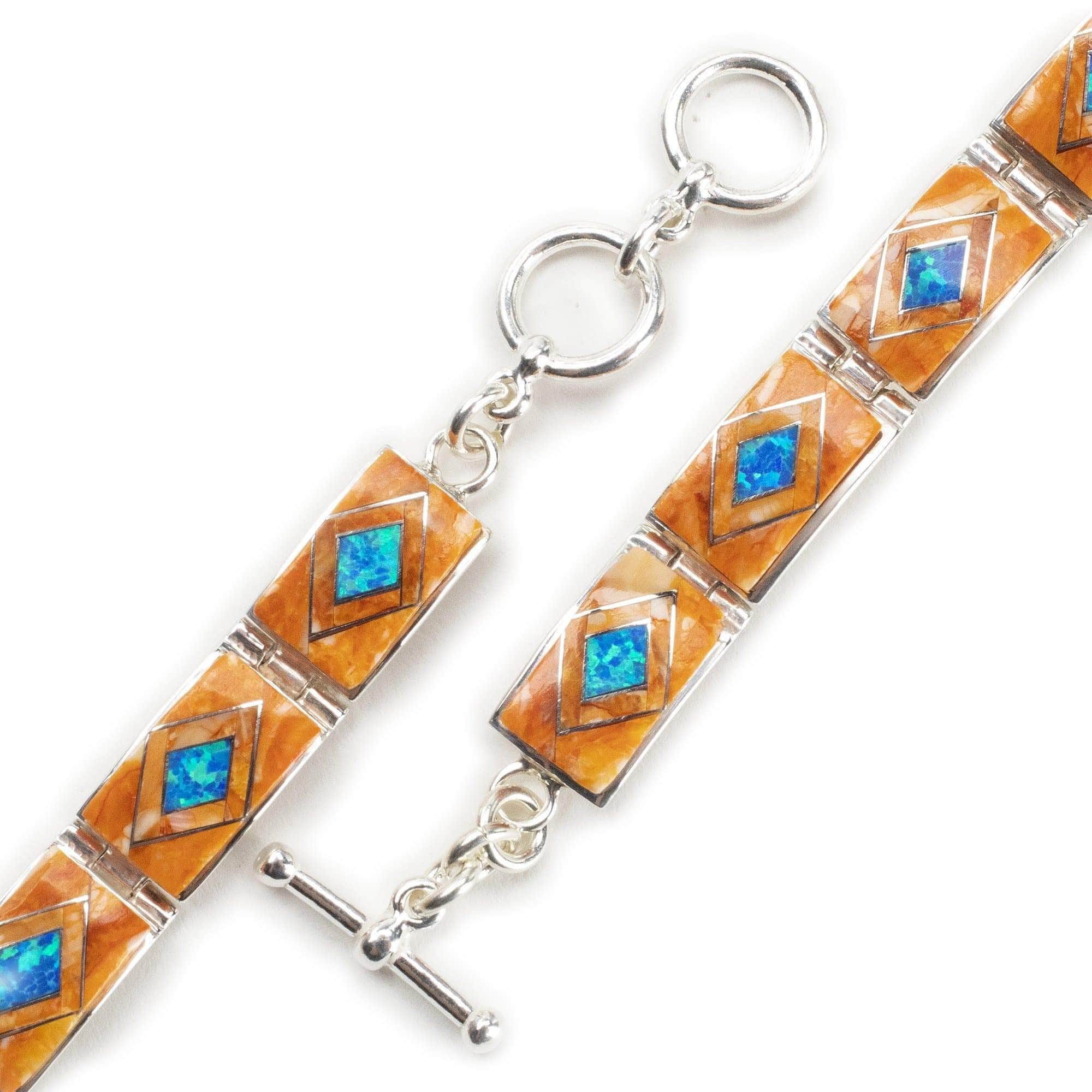 Kalifano Southwest Silver Jewelry Spiny Oyster Shell 925 Sterling Silver Bracelet USA Handmade with Opal Accent NMB.0553.SP