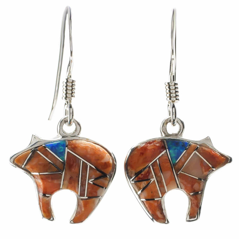 Kalifano Southwest Silver Jewelry Spiny Oyster Shell Bear 925 Sterling Silver Earring with French Hook USA Handmade with Opal Accent NME.2116.SP