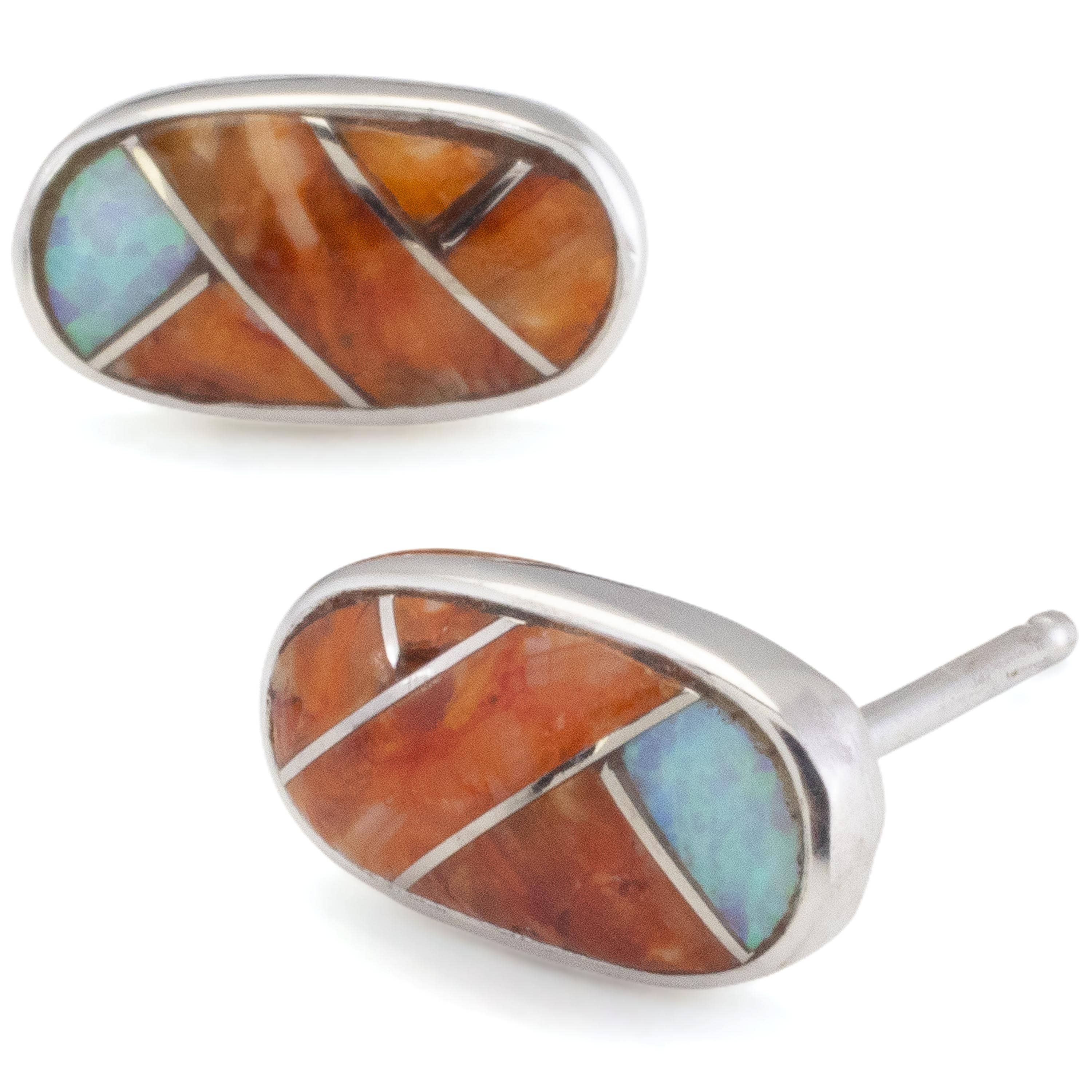 Kalifano Southwest Silver Jewelry Spiny Oyster Shell Oval 925 Sterling Silver Earring with Stud Backing USA Handmade with Aqua Opal Accent NME.2238.SP