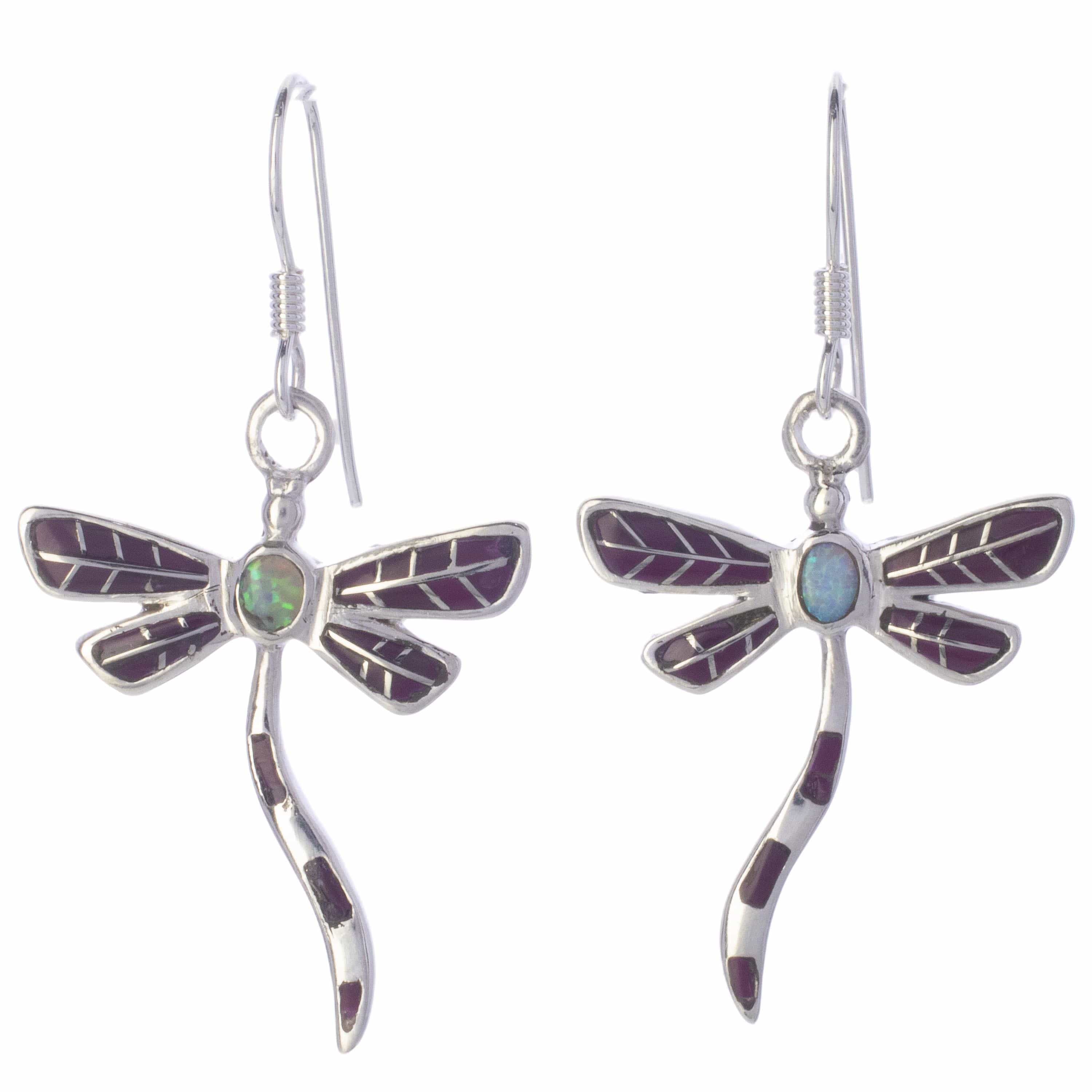 KALIFANO Southwest Silver Jewelry Sugilite Dragonfly Sterling Silver Earrings with French Hook USA Handmade with Opal Accent NME.0893.SG