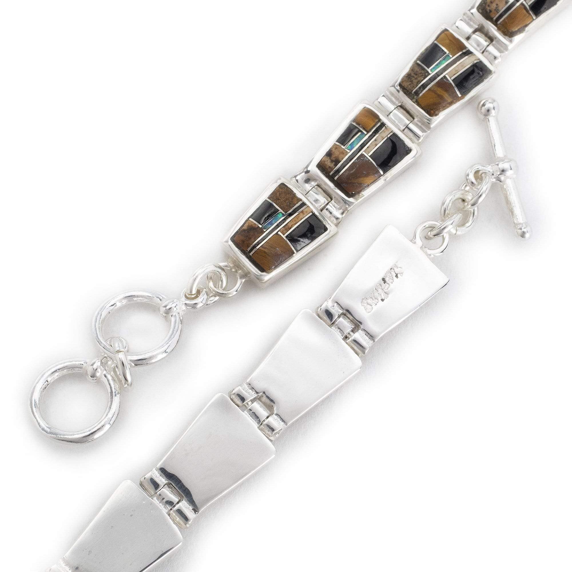 Kalifano Southwest Silver Jewelry Tiger Eye 925 Sterling Silver Bracelet USA Handmade with Picture Jasper and Opal Accent NMB.0240.TE