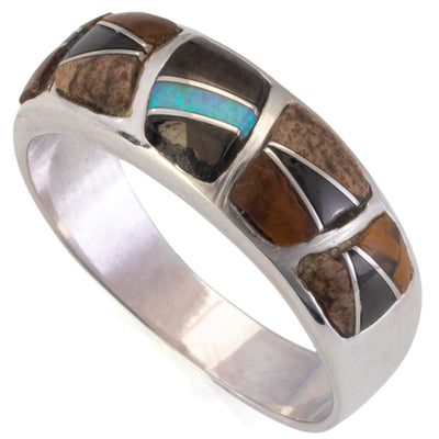 Kalifano Southwest Silver Jewelry Tiger Eye 925 Sterling Silver Ring Handmade with Laboratory Opal Accent