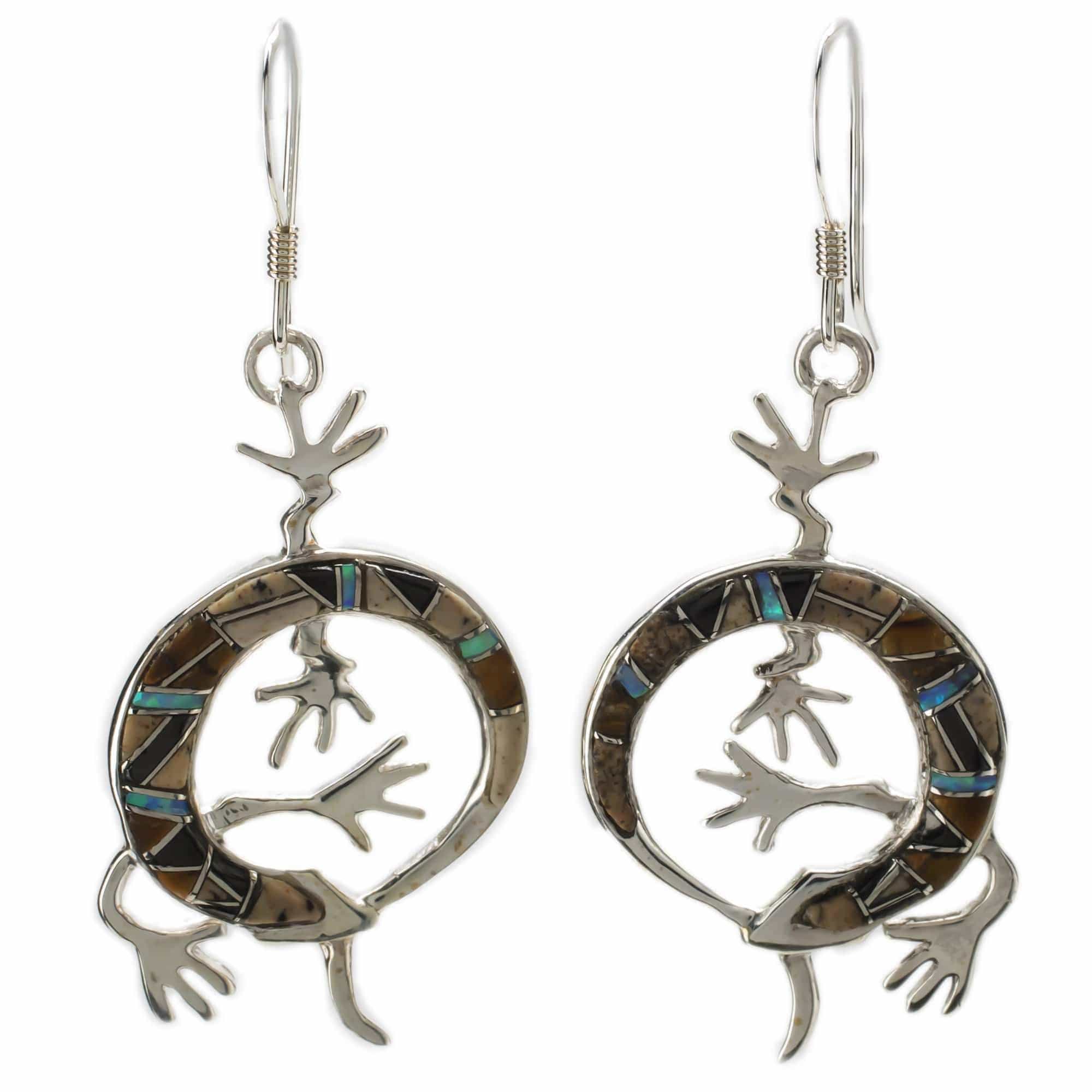 Kalifano Southwest Silver Jewelry Tiger Eye Lizard 925 Sterling Silver Earring with French Hook USA Handmade with Aqua Opal Accent NME.2162.TE