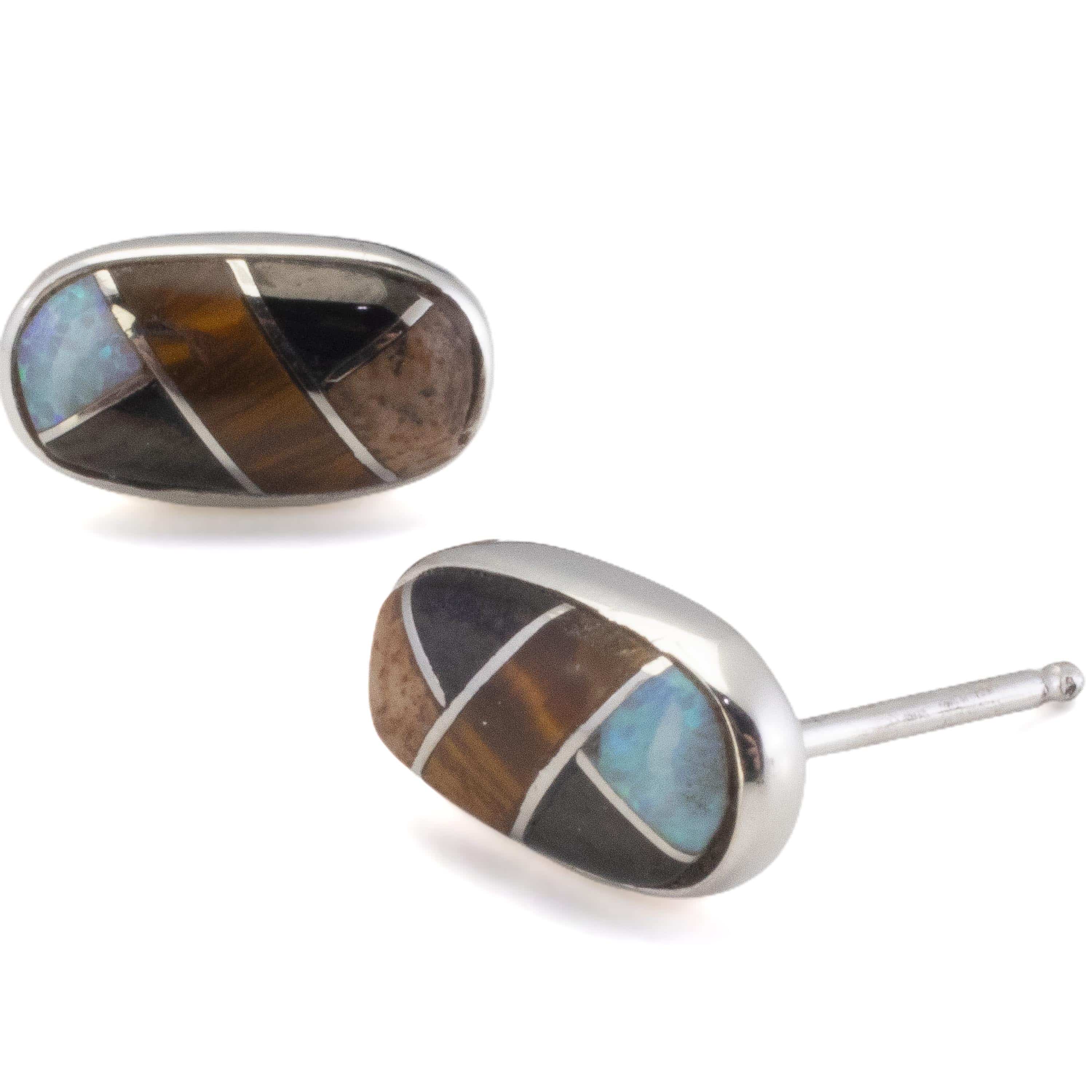 KALIFANO Southwest Silver Jewelry Tiger Eye Oval Sterling Silver Earrings with Stud Backing USA Handmade with Opal Accent NME.2238.TE
