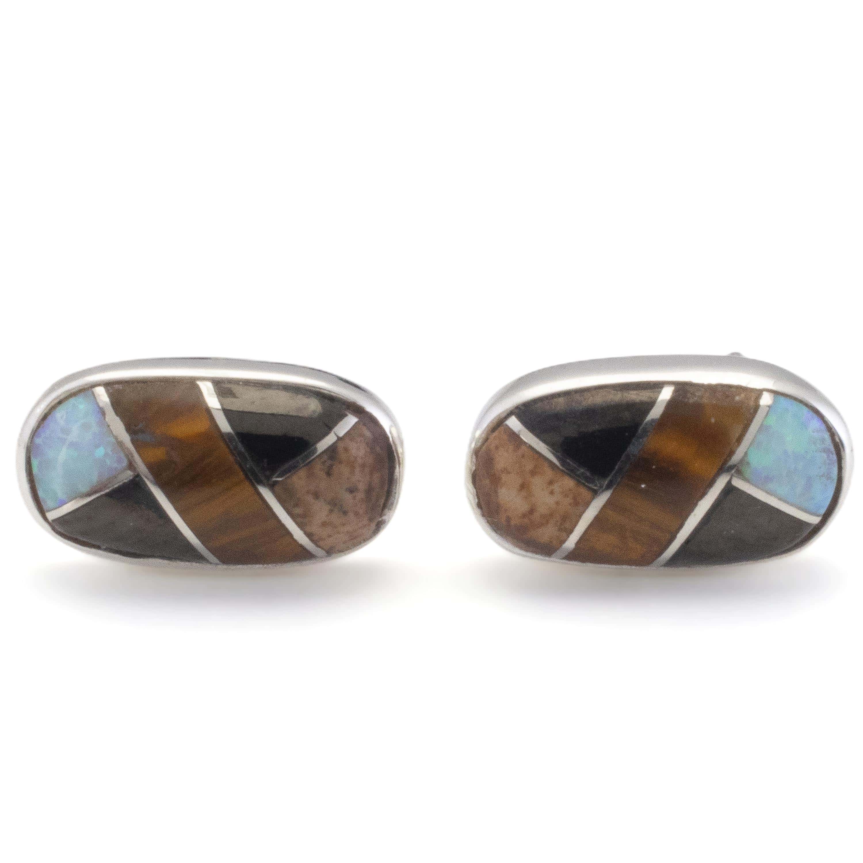 KALIFANO Southwest Silver Jewelry Tiger Eye Oval Sterling Silver Earrings with Stud Backing USA Handmade with Opal Accent NME.2238.TE