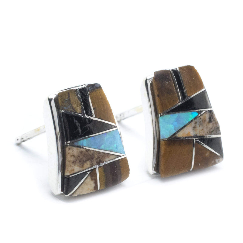 Kalifano Southwest Silver Jewelry Tiger Eye Stud 925 Sterling Silver Earring with Stud Backing USA Handmade with Opal Accent NME.0366.TE