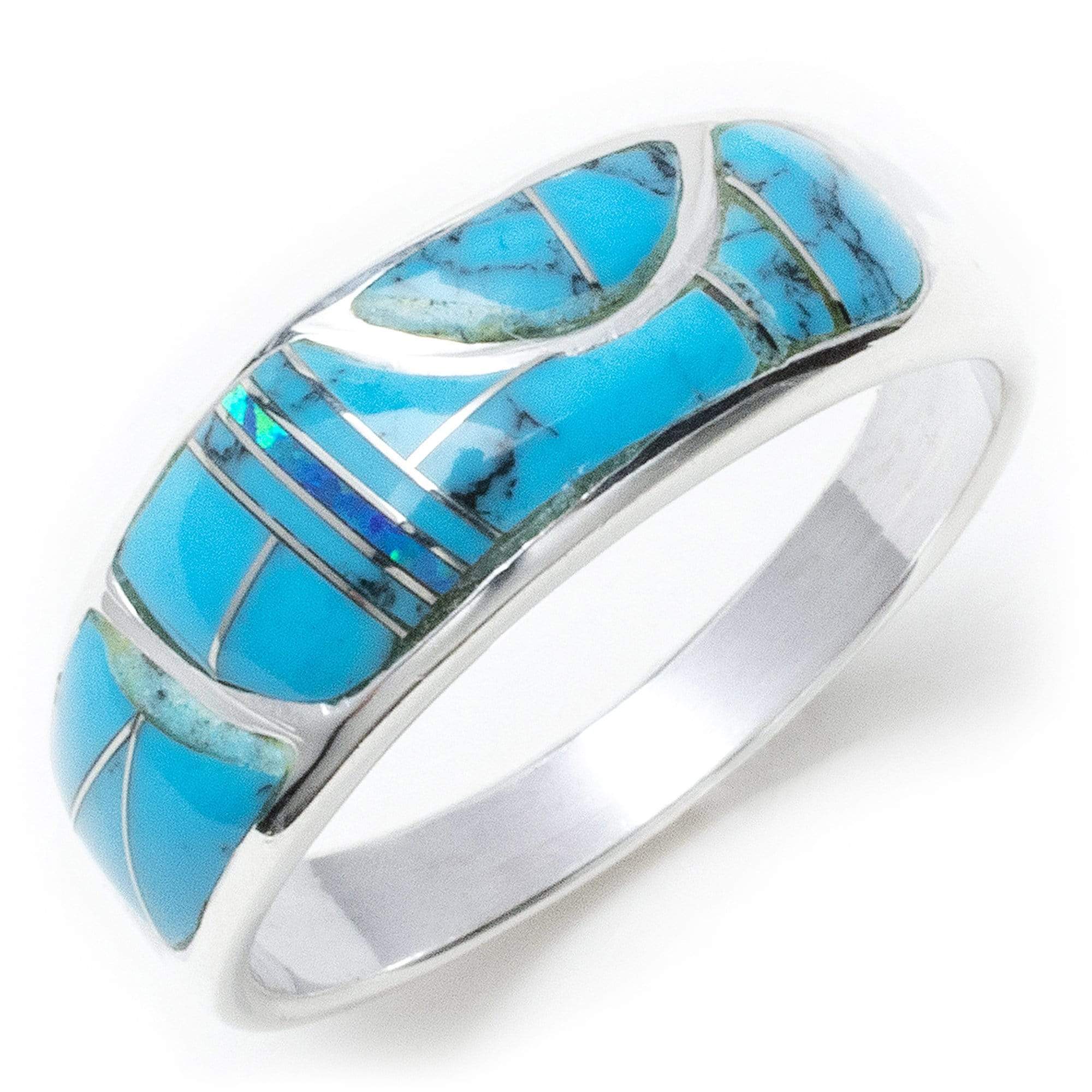 Kalifano Southwest Silver Jewelry Turquoise 925 Sterling Silver Ring USA Handmade with Labratory Opal Accent