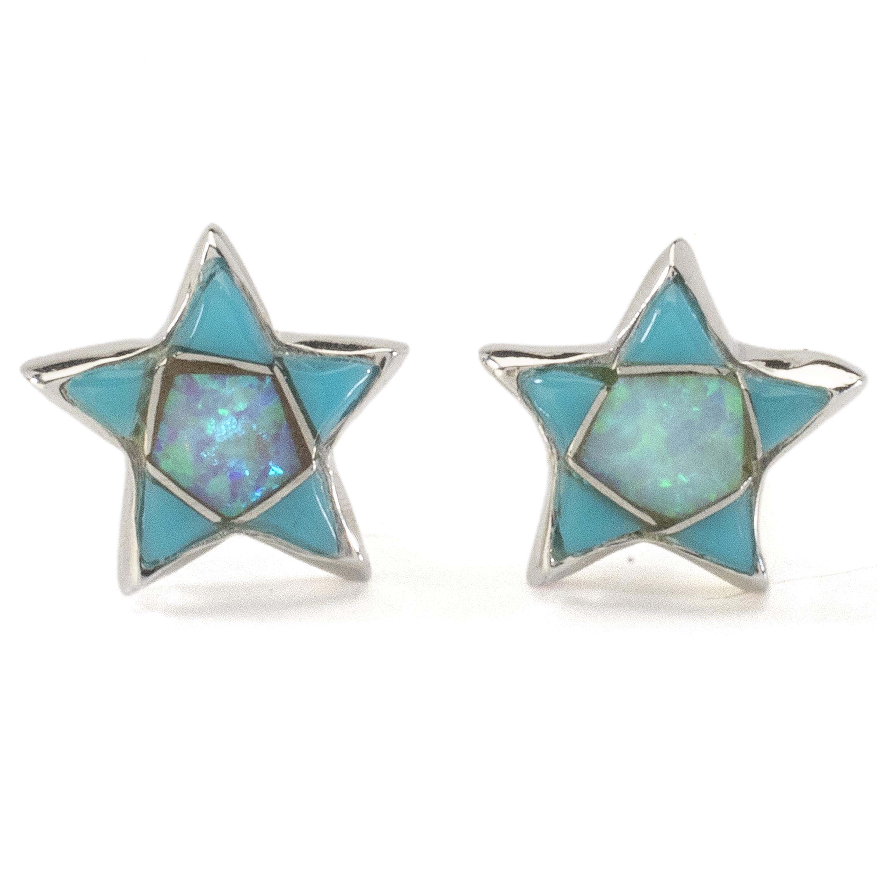 Kalifano Southwest Silver Jewelry Turquoise and Opal Star Earrings Handmade with Sterling Silver and Opal Accent NME.2243.TQ