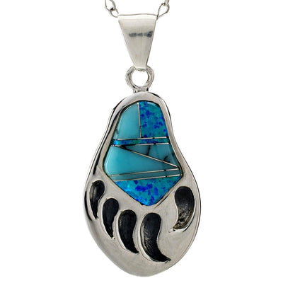 Kalifano Southwest Silver Jewelry Turquoise Bear Claw 925 Sterling Silver Pendant USA Handmade with Aqua Opal Accent NMN.2318.TQ