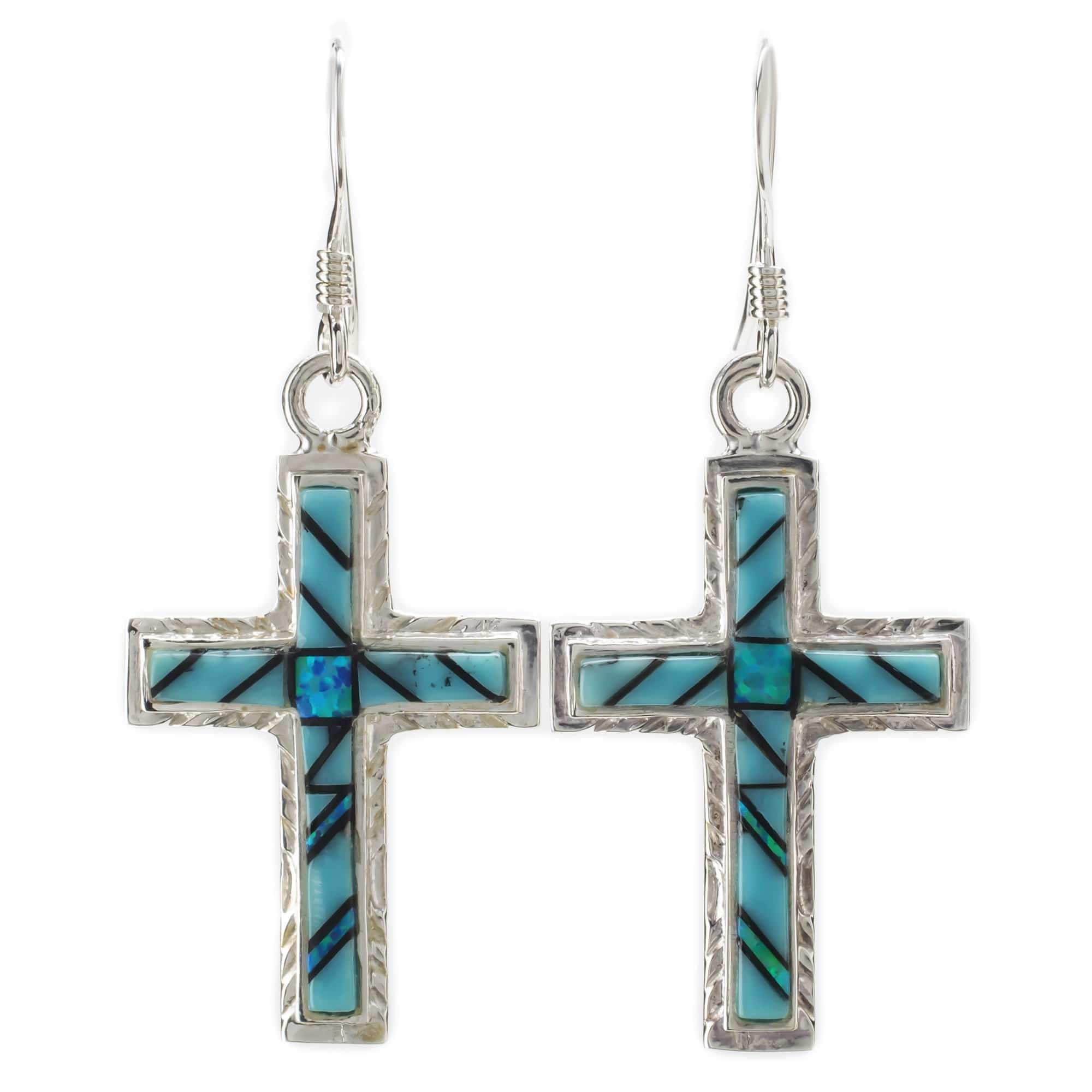 Kalifano Southwest Silver Jewelry Turquoise Cross 925 Sterling Silver Earring with French Hook USA Handmade with Aqua Opal Accent NME.2054.TQ