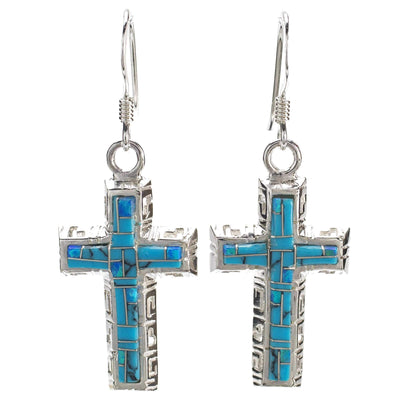 Kalifano Southwest Silver Jewelry Turquoise Cross 925 Sterling Silver Earring with French Hook USA Handmade with Opal Accent NME.0587.TQ