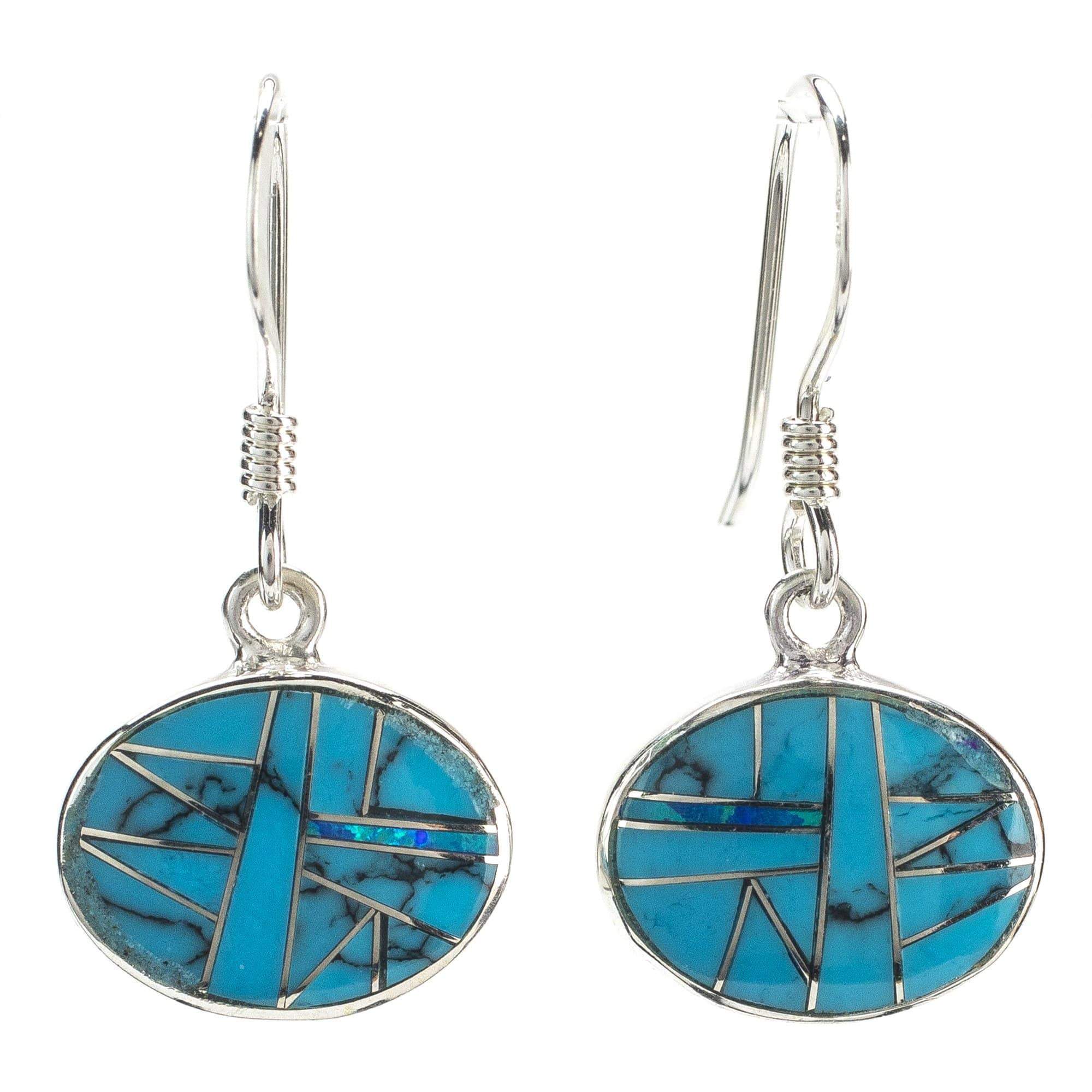 Kalifano Southwest Silver Jewelry Turquoise Dangle Oval Earrings 925 Sterling Silver Earring USA Handmade with Opal Accent NME.2015.TQ