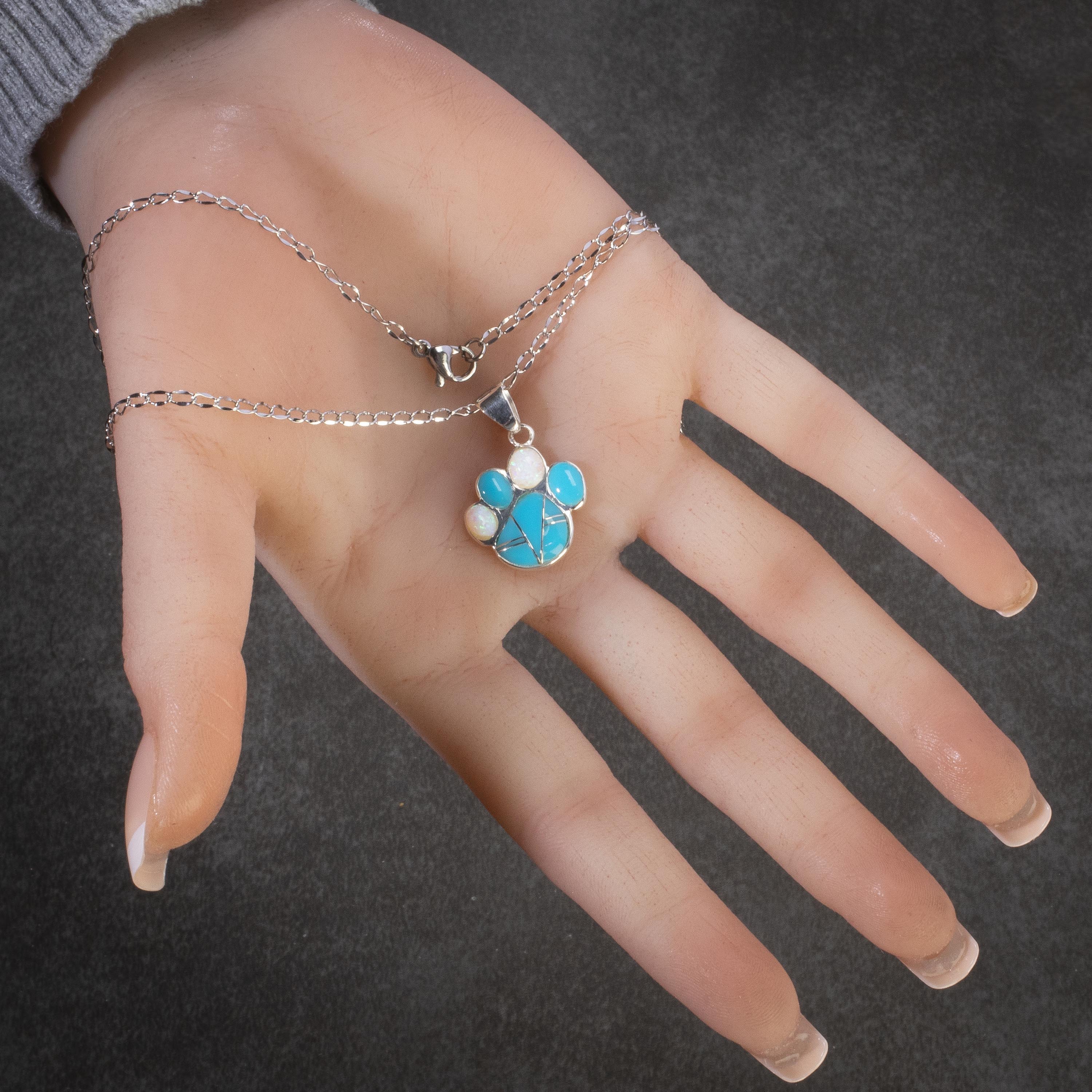 Kalifano Southwest Silver Jewelry Turquoise Dog Paw 925 Sterling Silver Pendant USA Handmade with Opal Accent NMN.2364.TQ